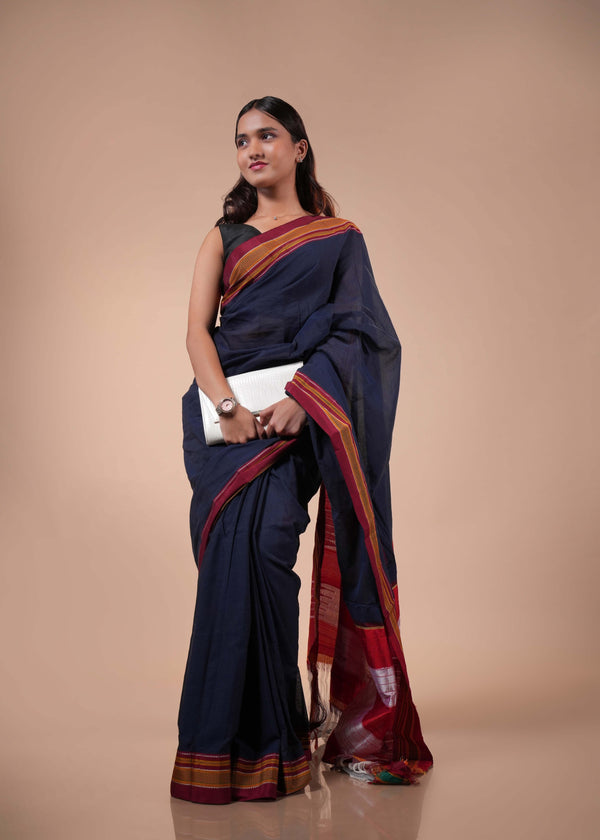 Navy Blue with Deep Red Pallu Ilkal Cotton Silk Saree