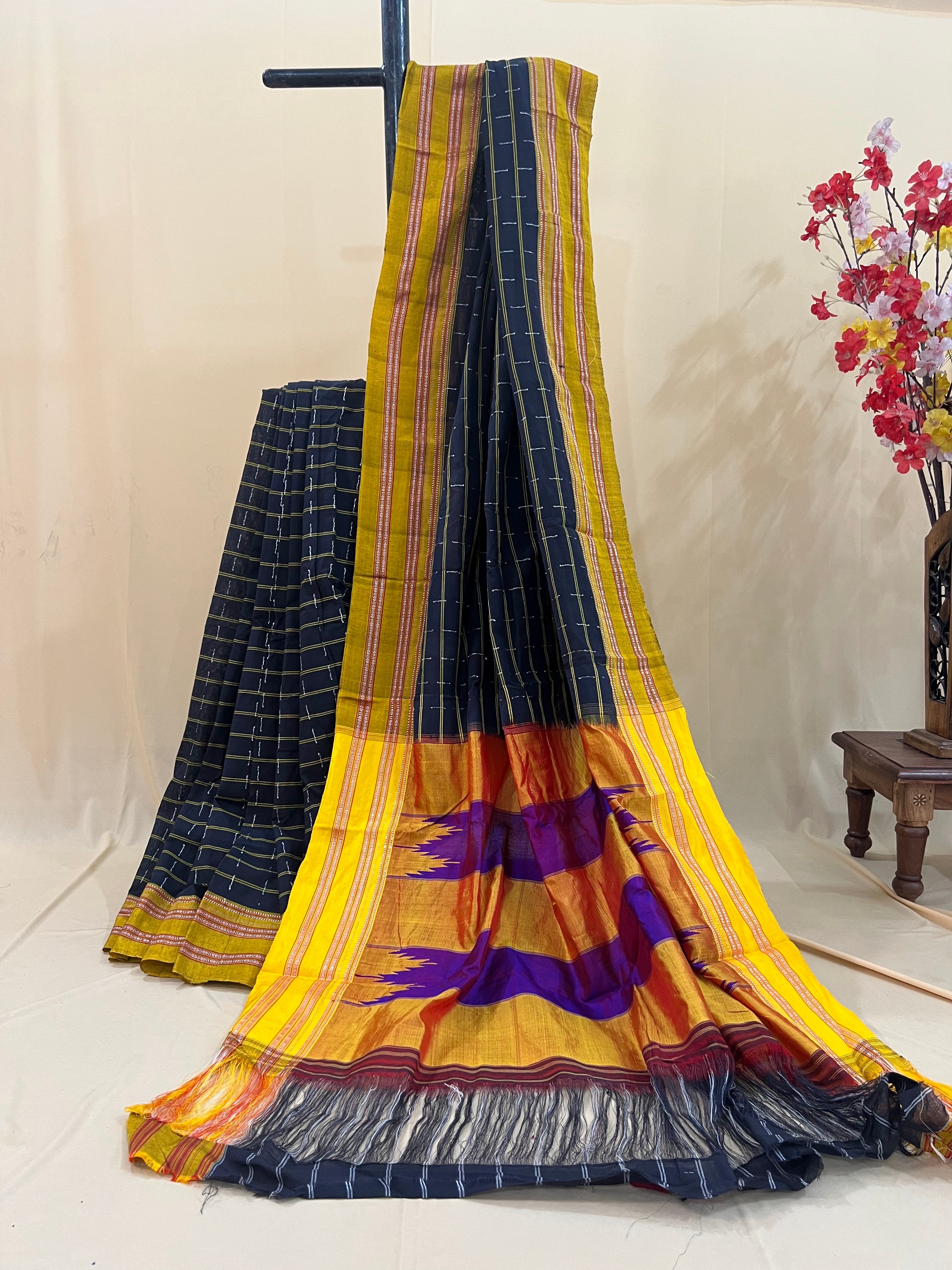 Navy Checks with Mustard & Purple Silk Pallu Ilkal Cotton Silk Saree