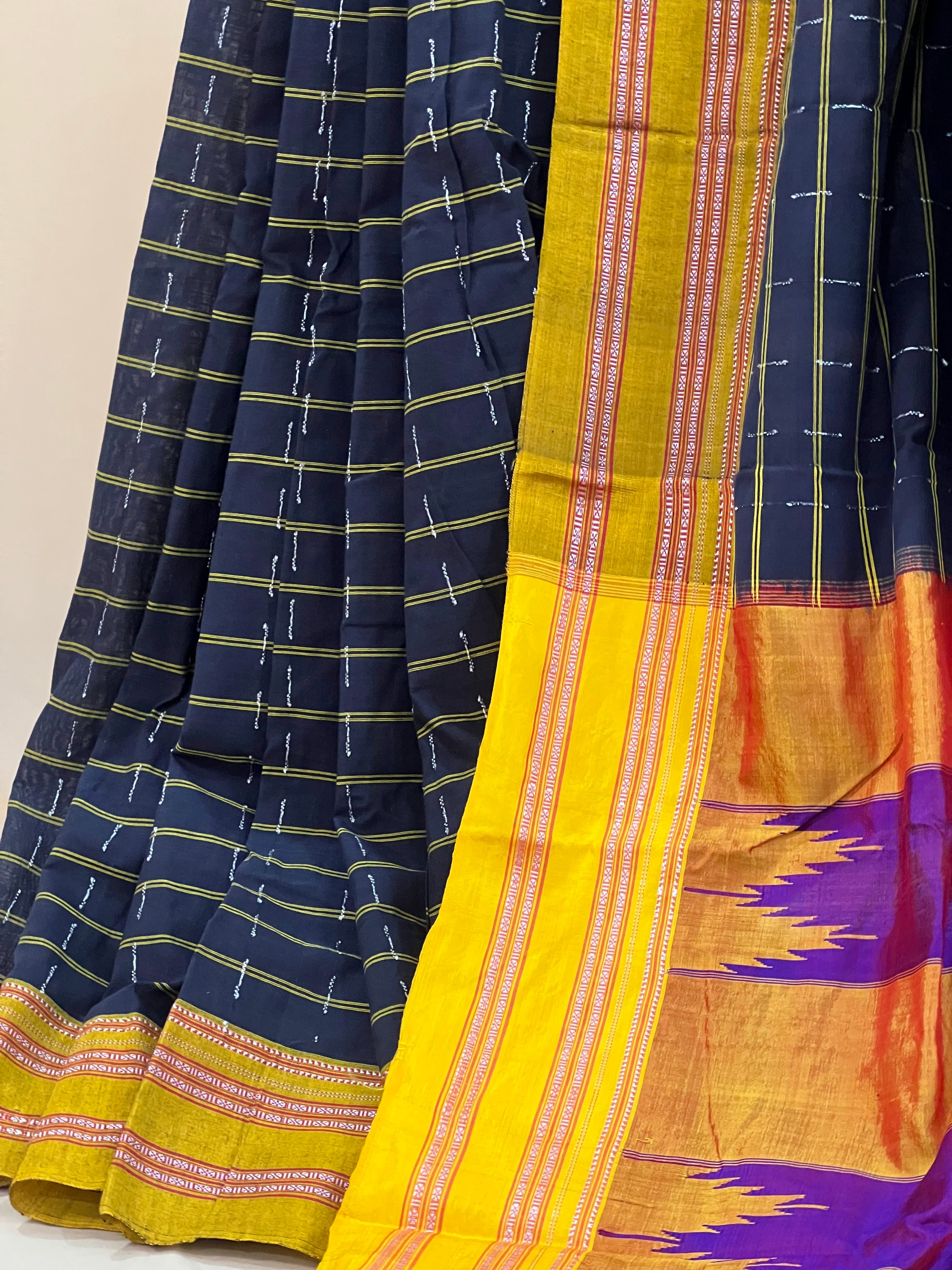Navy Checks with Mustard & Purple Silk Pallu Ilkal Cotton Silk Saree