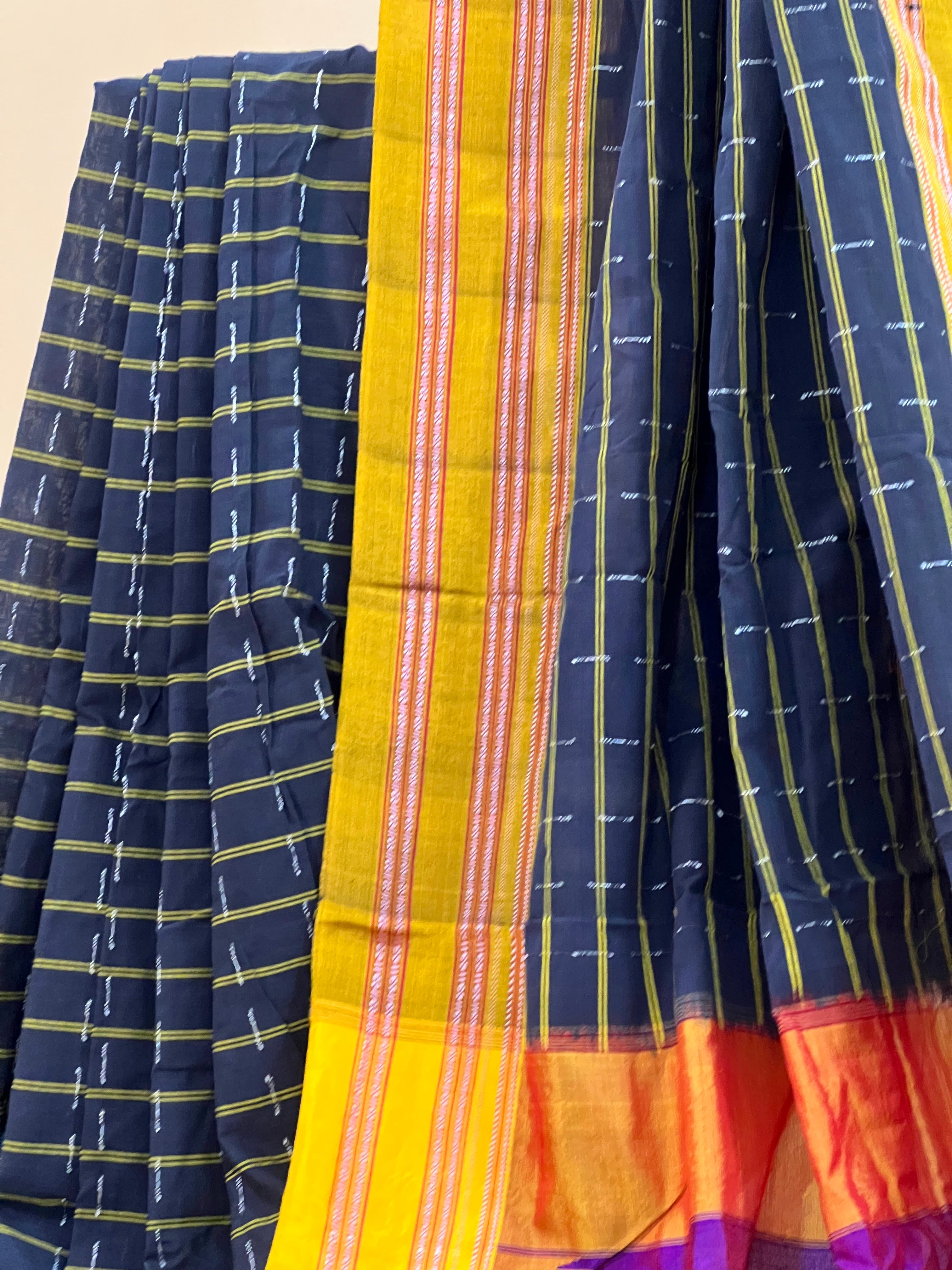 Navy Checks with Mustard & Purple Silk Pallu Ilkal Cotton Silk Saree