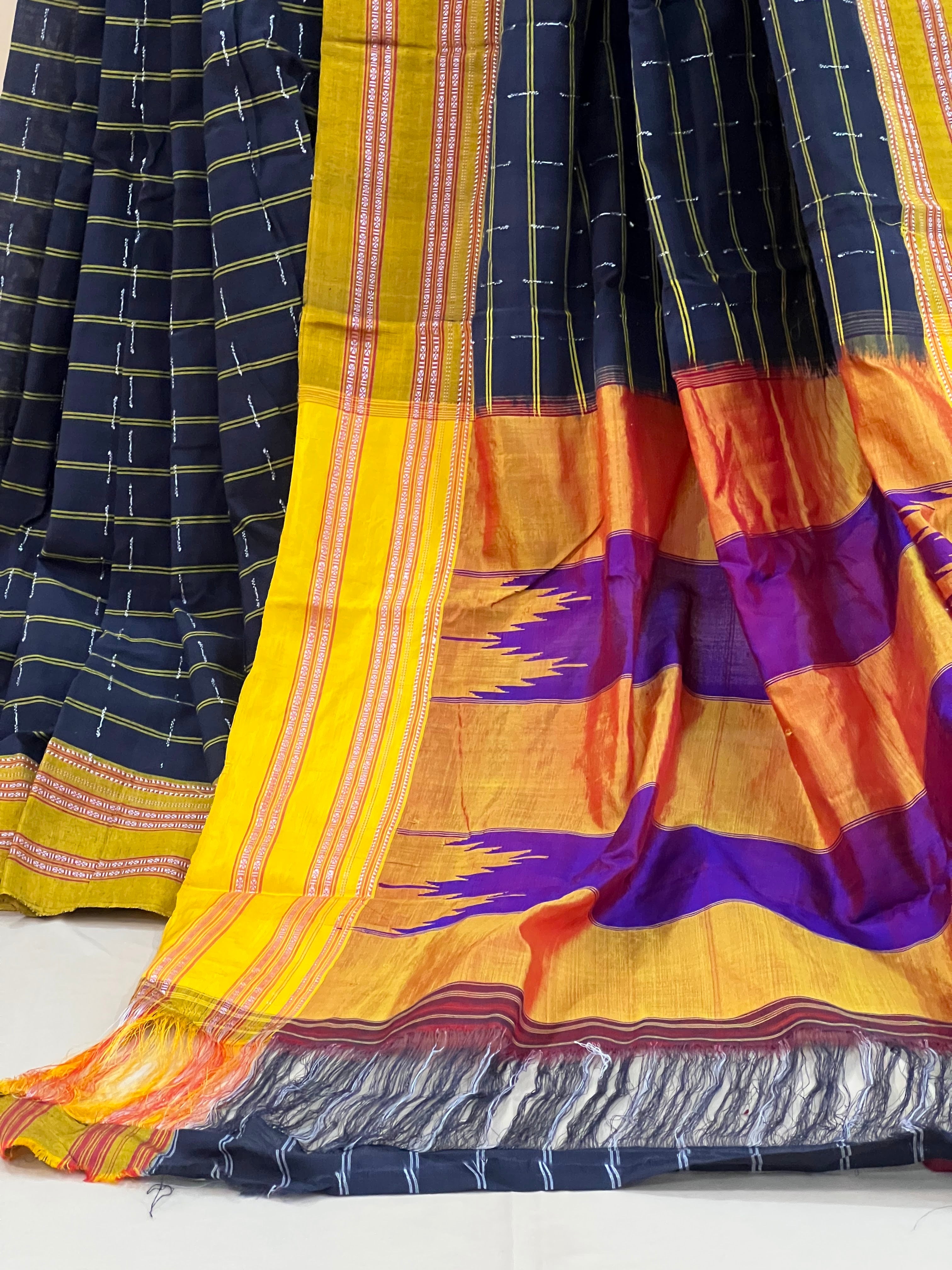 Navy Checks with Mustard & Purple Silk Pallu Ilkal Cotton Silk Saree