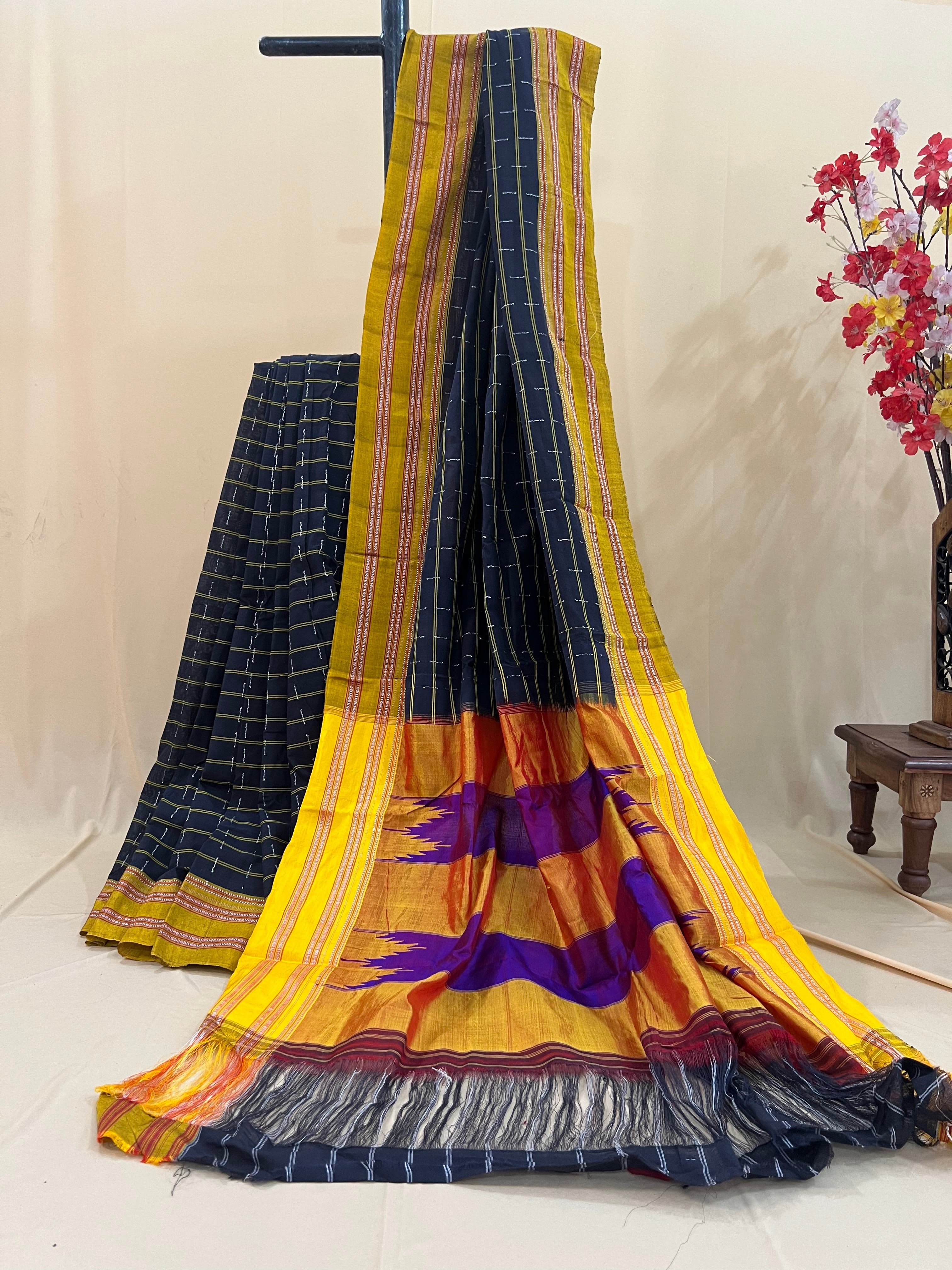 Navy Checks with Mustard & Purple Silk Pallu Ilkal Cotton Silk Saree