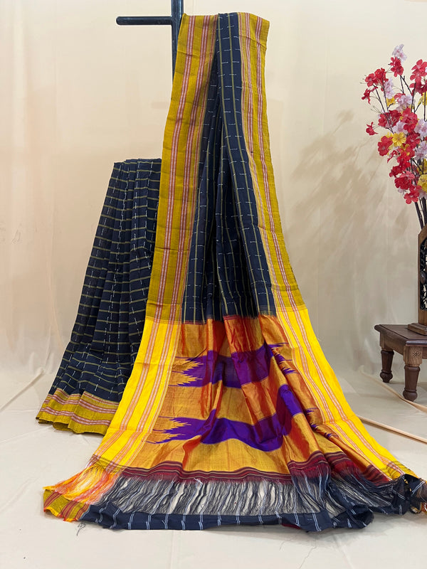Navy Checks with Mustard & Purple Silk Pallu Ilkal Cotton Silk Saree