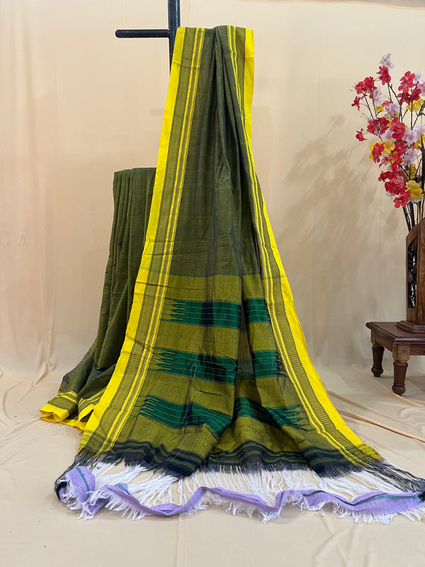 Olive Green with Mustard Border & Teal Pallu Ilkal Cotton Silk Saree