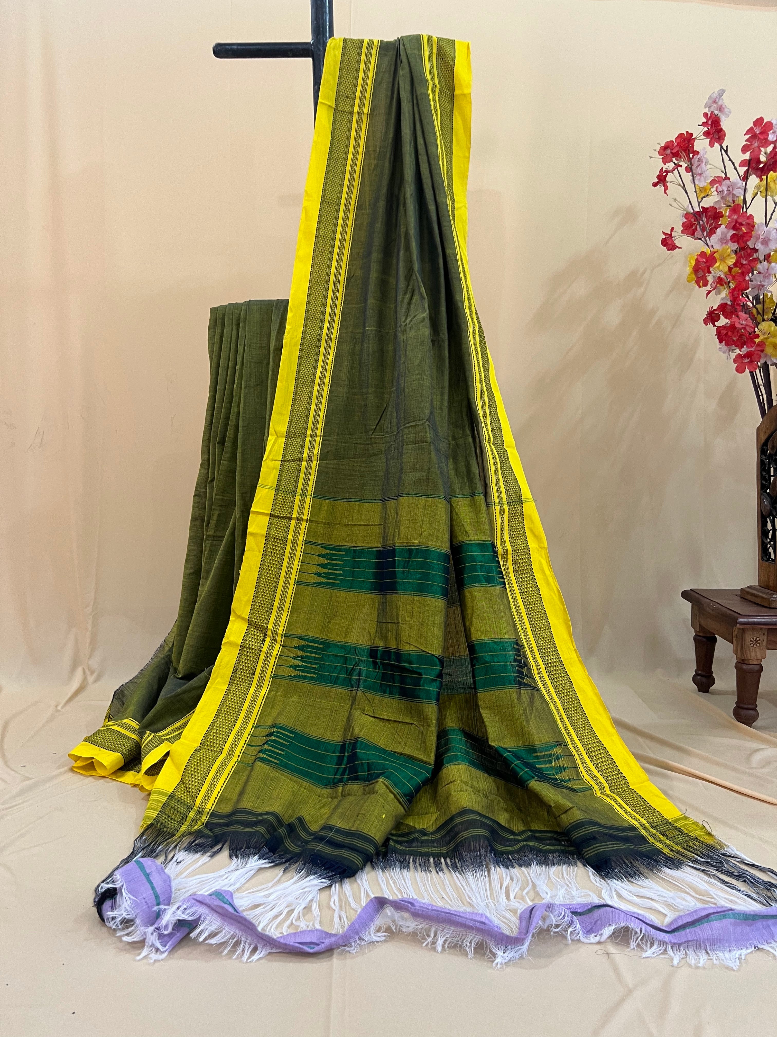 Olive Green with Mustard Border & Teal Pallu Ilkal Cotton Silk Saree