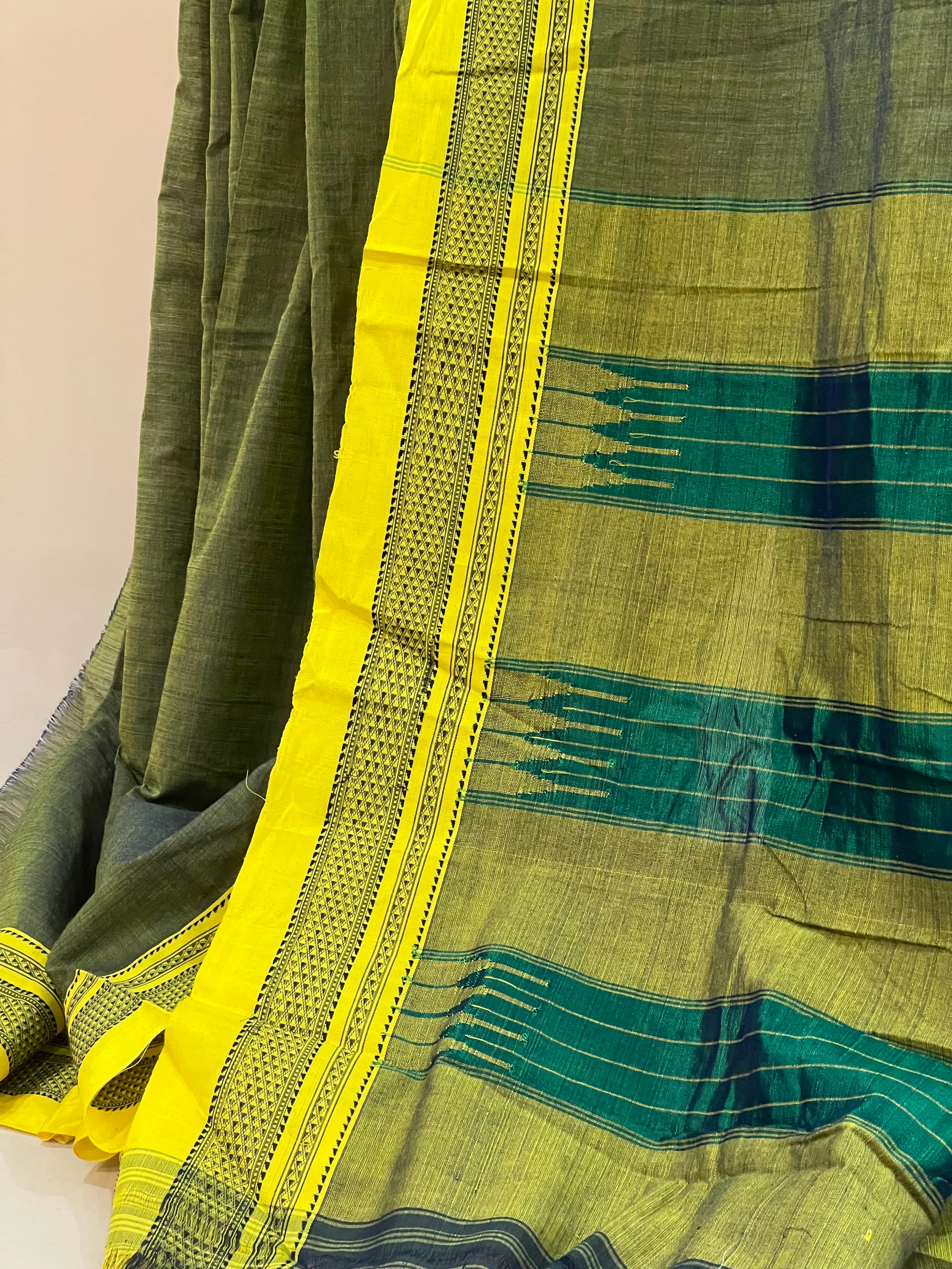 Olive Green with Mustard Border & Teal Pallu Ilkal Cotton Silk Saree