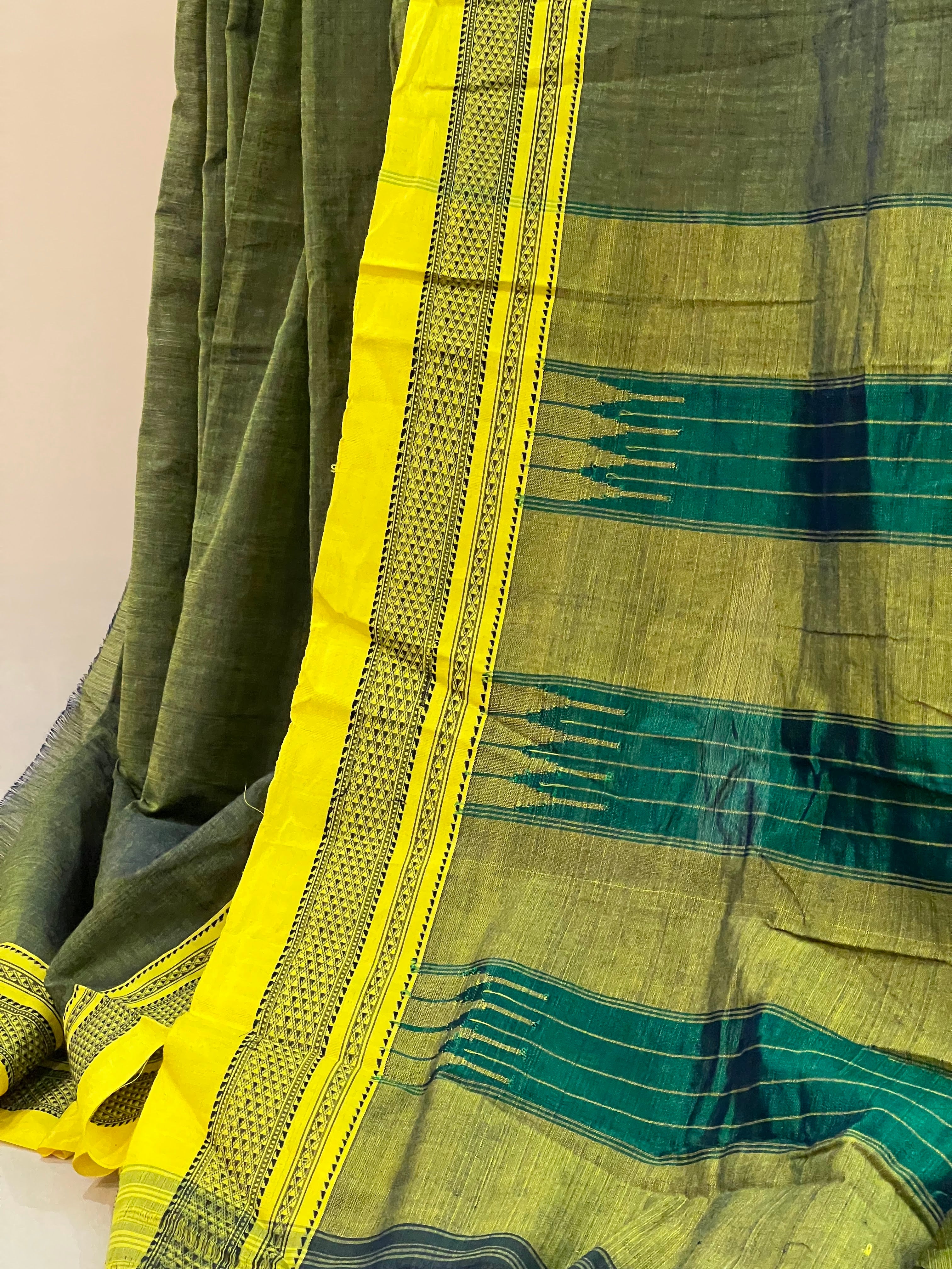 Olive Green with Mustard Border & Teal Pallu Ilkal Cotton Silk Saree