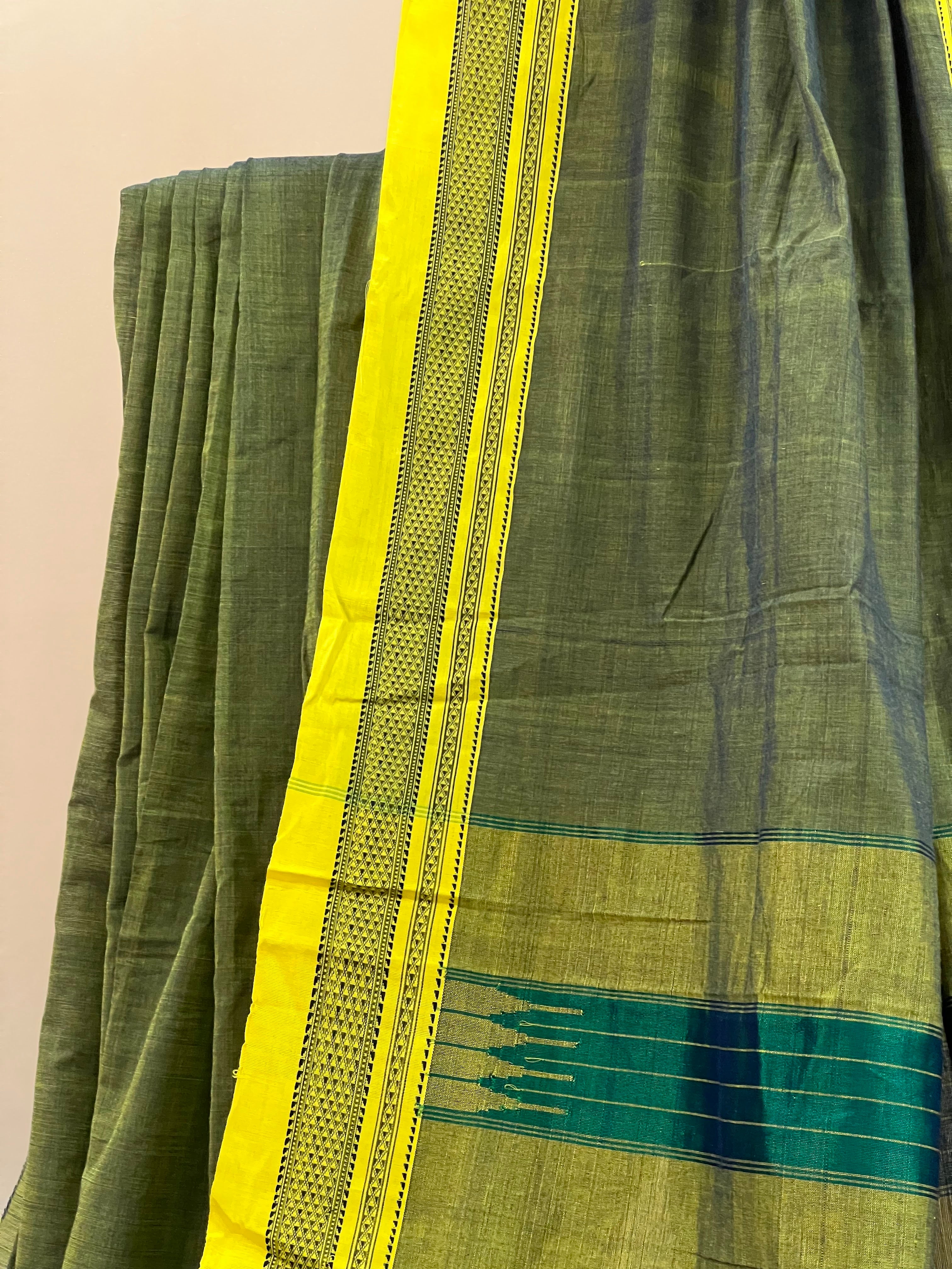 Olive Green with Mustard Border & Teal Pallu Ilkal Cotton Silk Saree