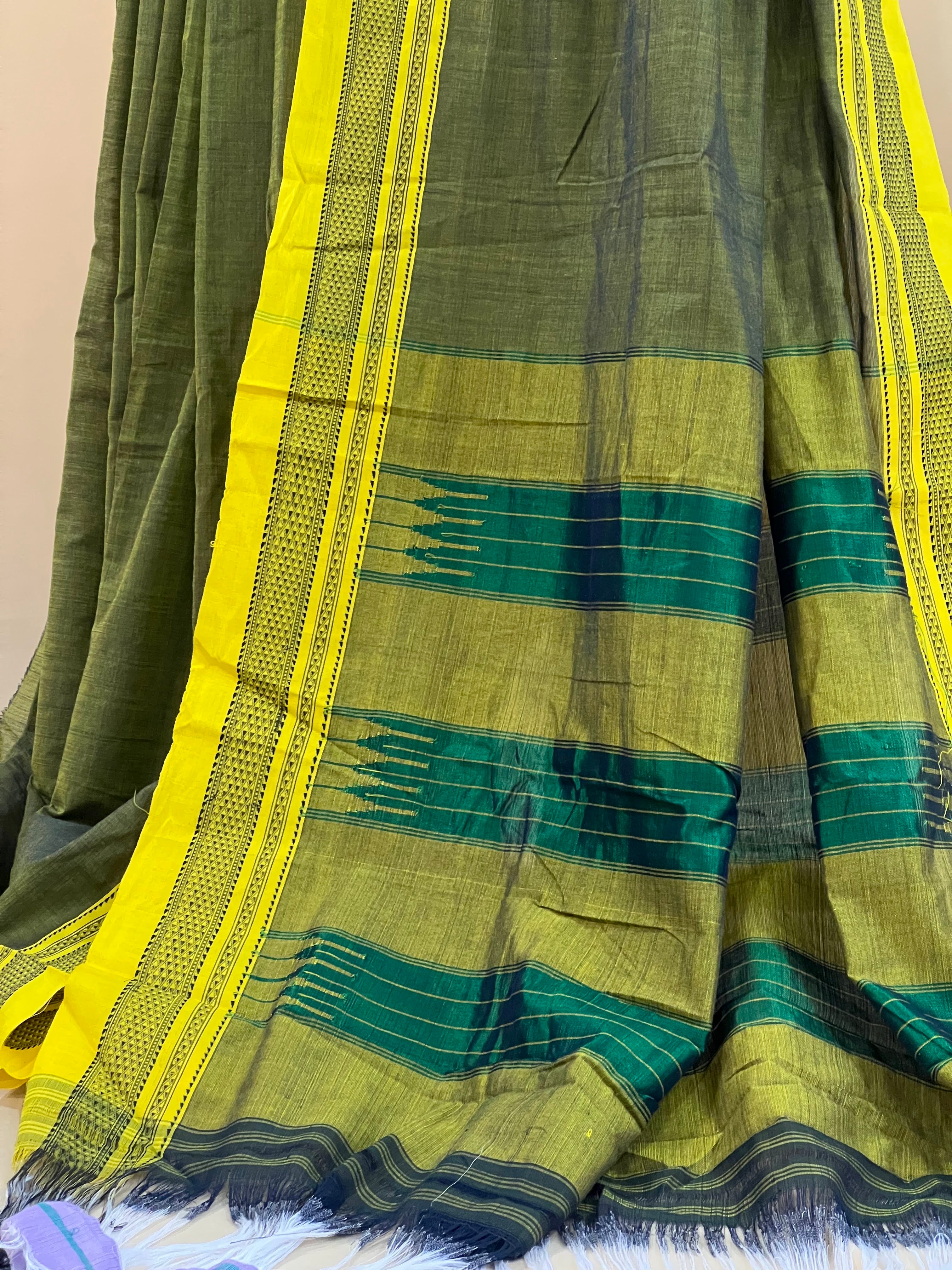 Olive Green with Mustard Border & Teal Pallu Ilkal Cotton Silk Saree
