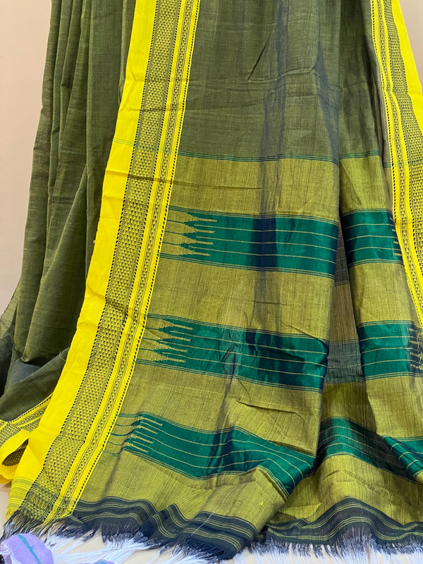 Olive Green with Mustard Border & Teal Pallu Ilkal Cotton Silk Saree