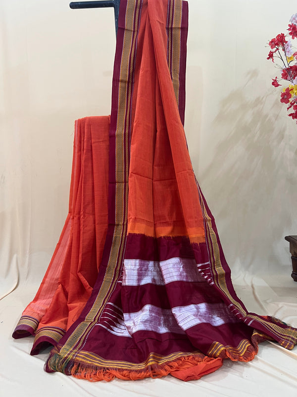 Rust Orange with Maroon & Silver Pallu Ilkal Cotton Silk Saree