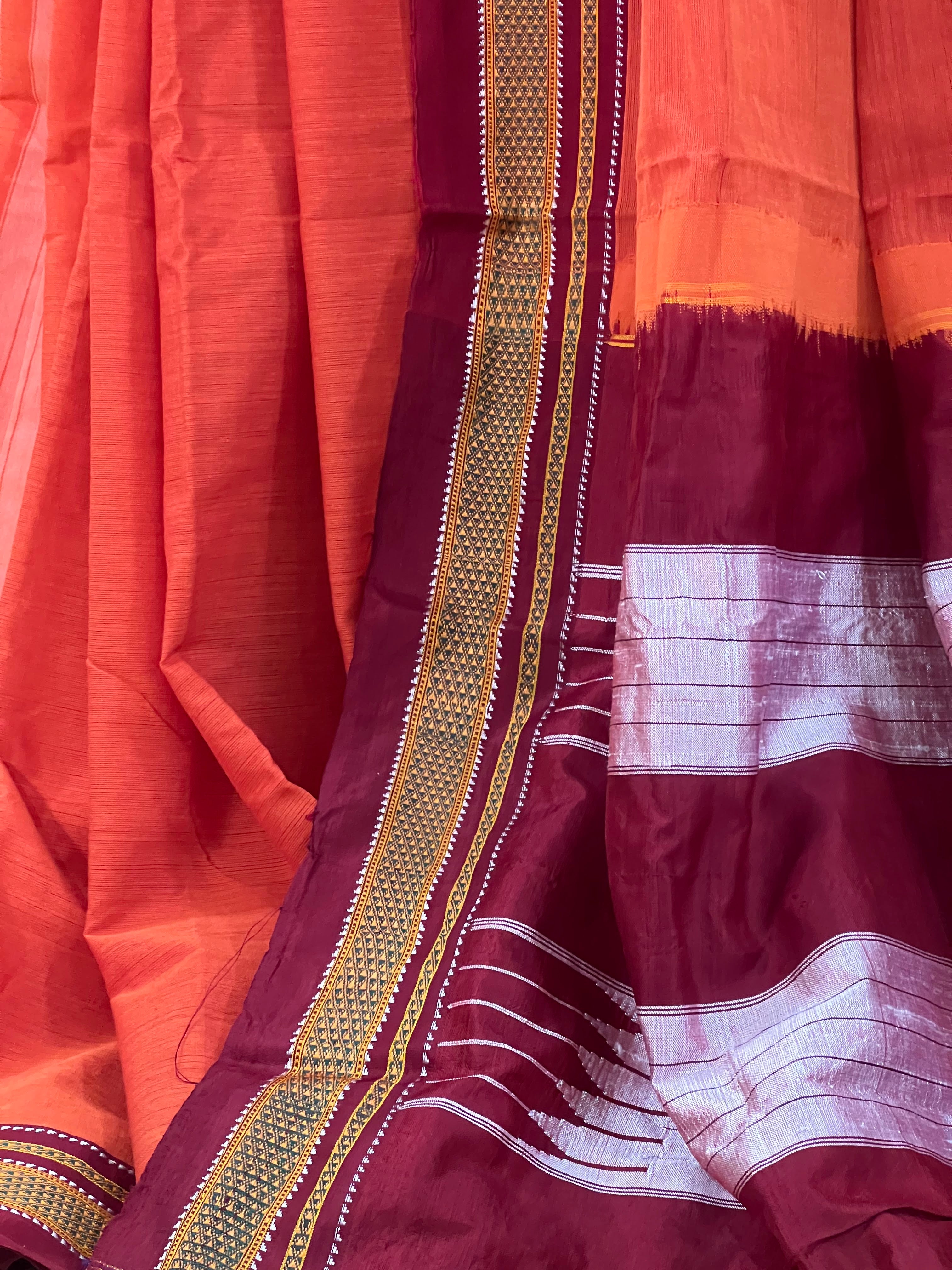 Rust Orange with Maroon & Silver Pallu Ilkal Cotton Silk Saree