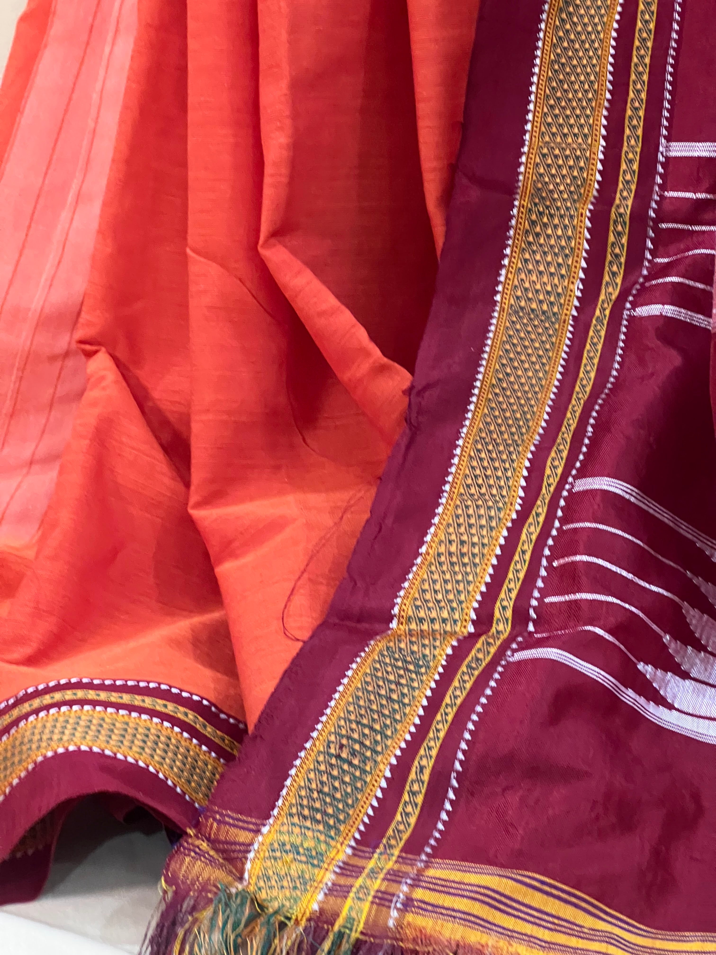 Rust Orange with Maroon & Silver Pallu Ilkal Cotton Silk Saree
