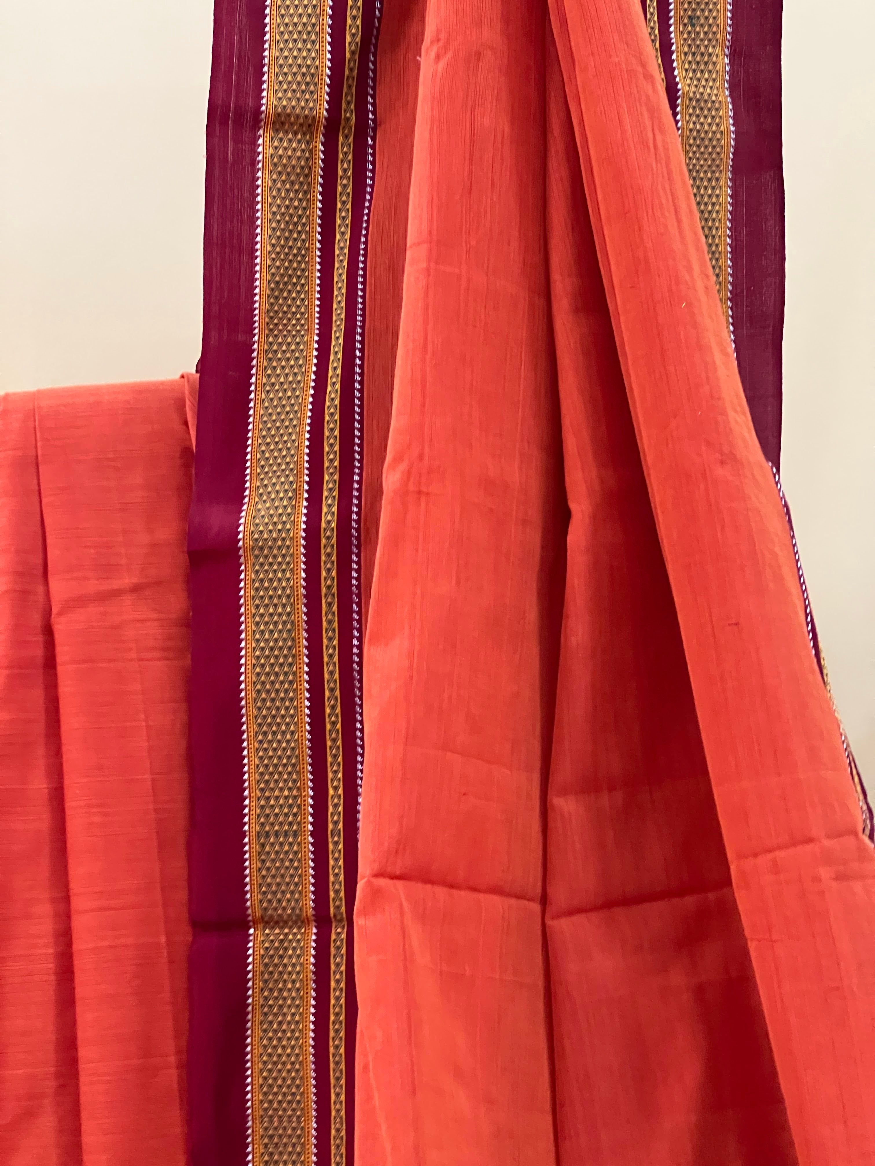 Rust Orange with Maroon & Silver Pallu Ilkal Cotton Silk Saree