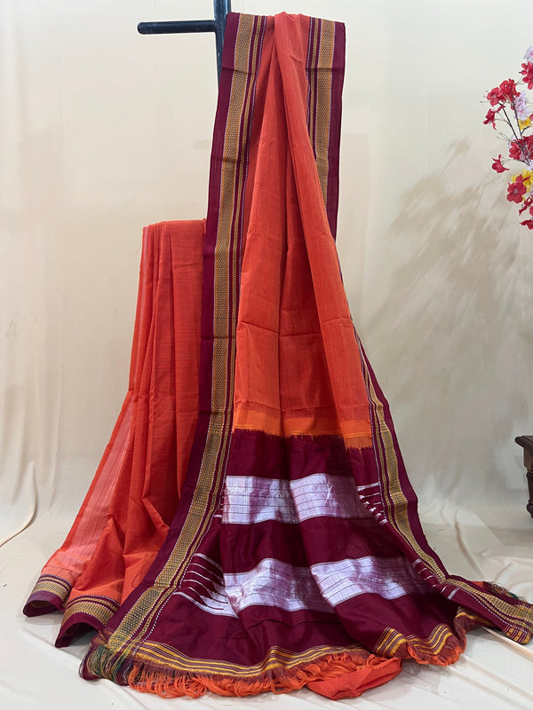 Rust Orange with Maroon & Silver Pallu Ilkal Cotton Silk Saree