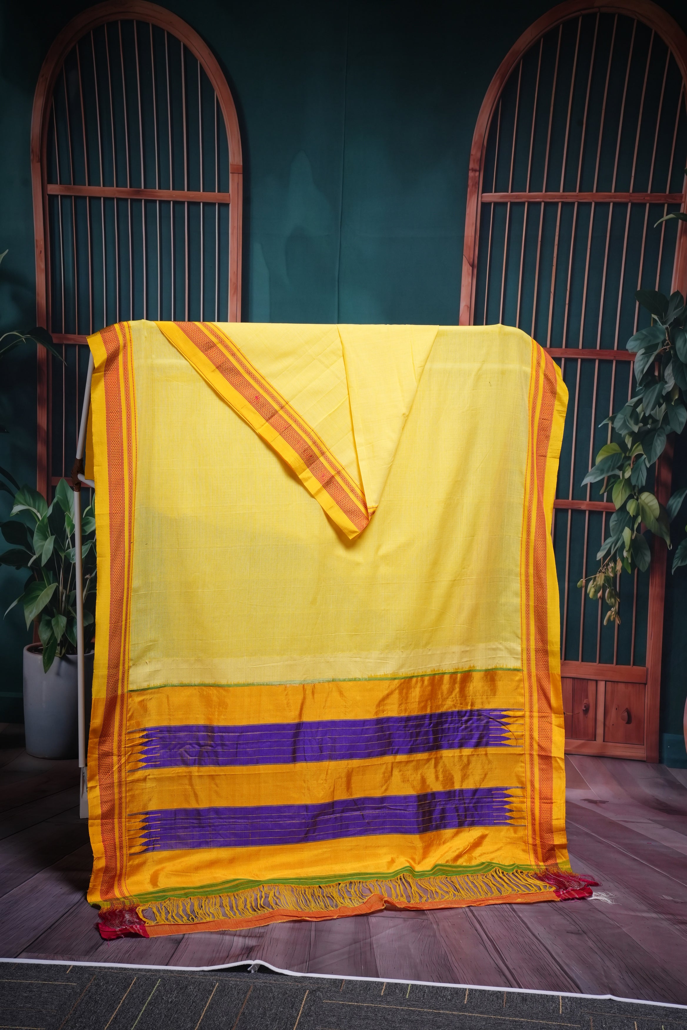Sunshine Yellow with Purple Pallu Ilkal Cotton Silk Saree