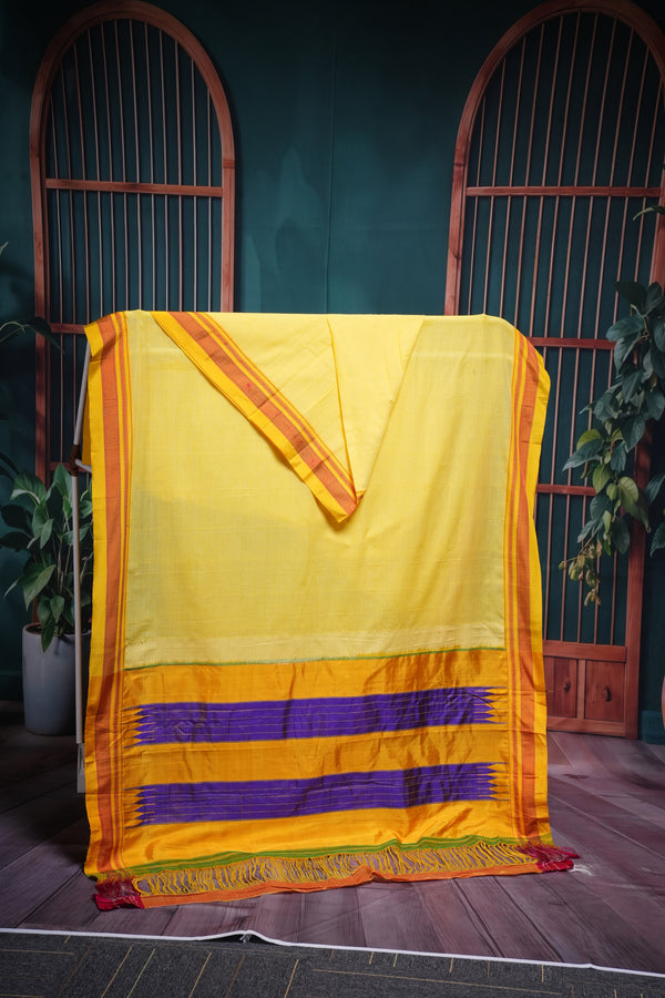 Sunshine Yellow with Purple Pallu Ilkal Cotton Silk Saree