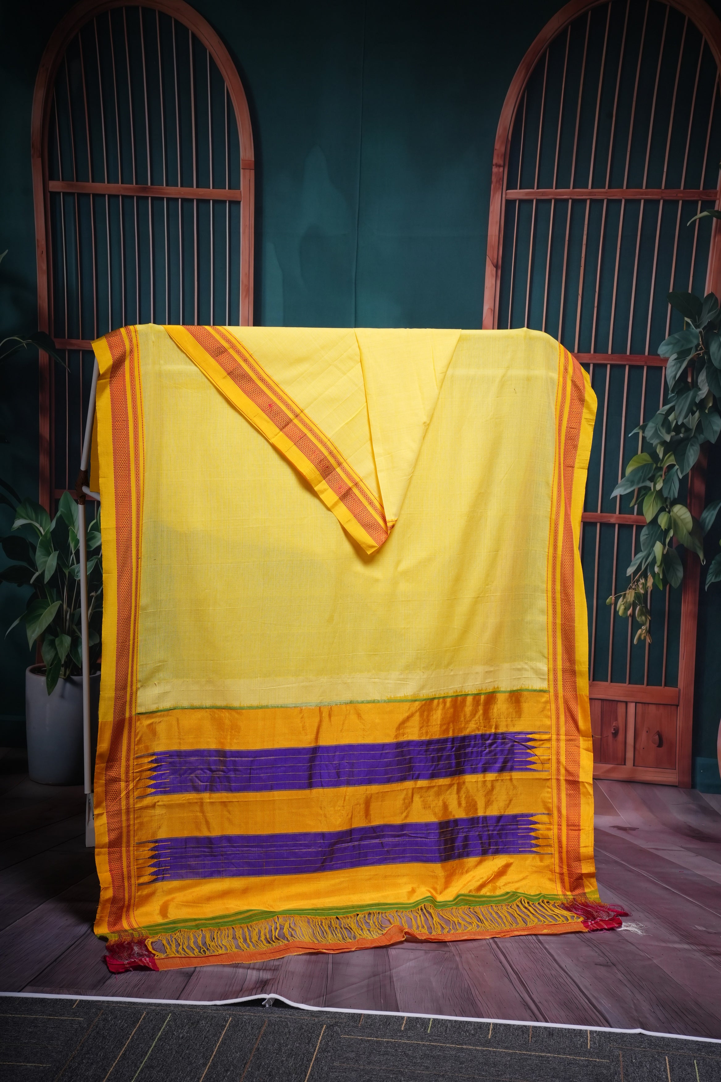 Sunshine Yellow with Purple Pallu Ilkal Cotton Silk Saree