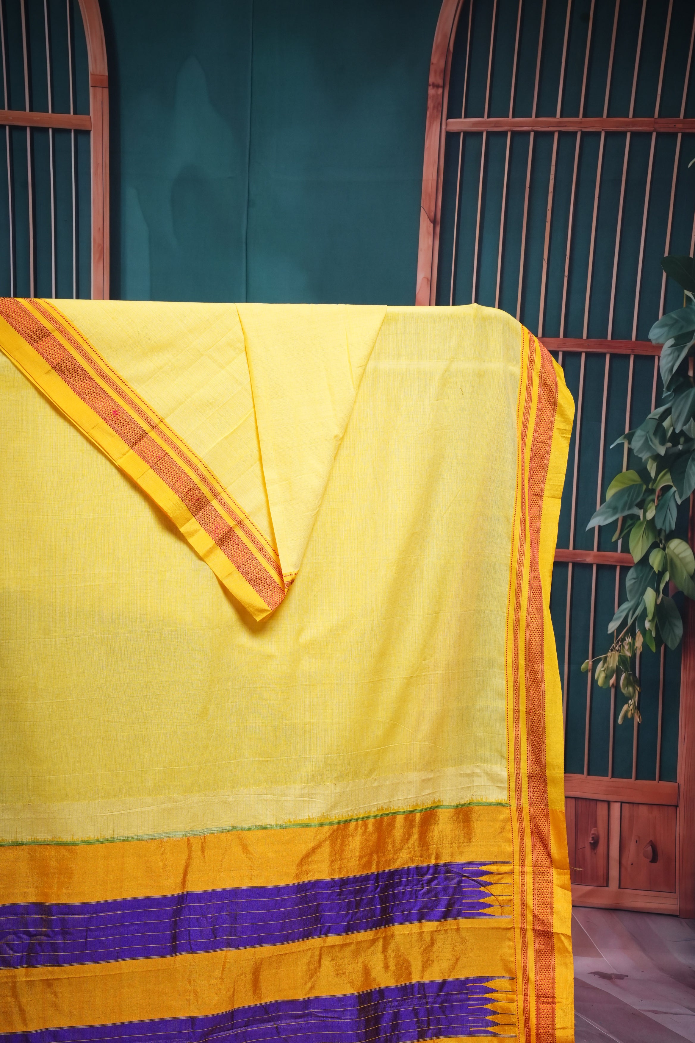 Sunshine Yellow with Purple Pallu Ilkal Cotton Silk Saree