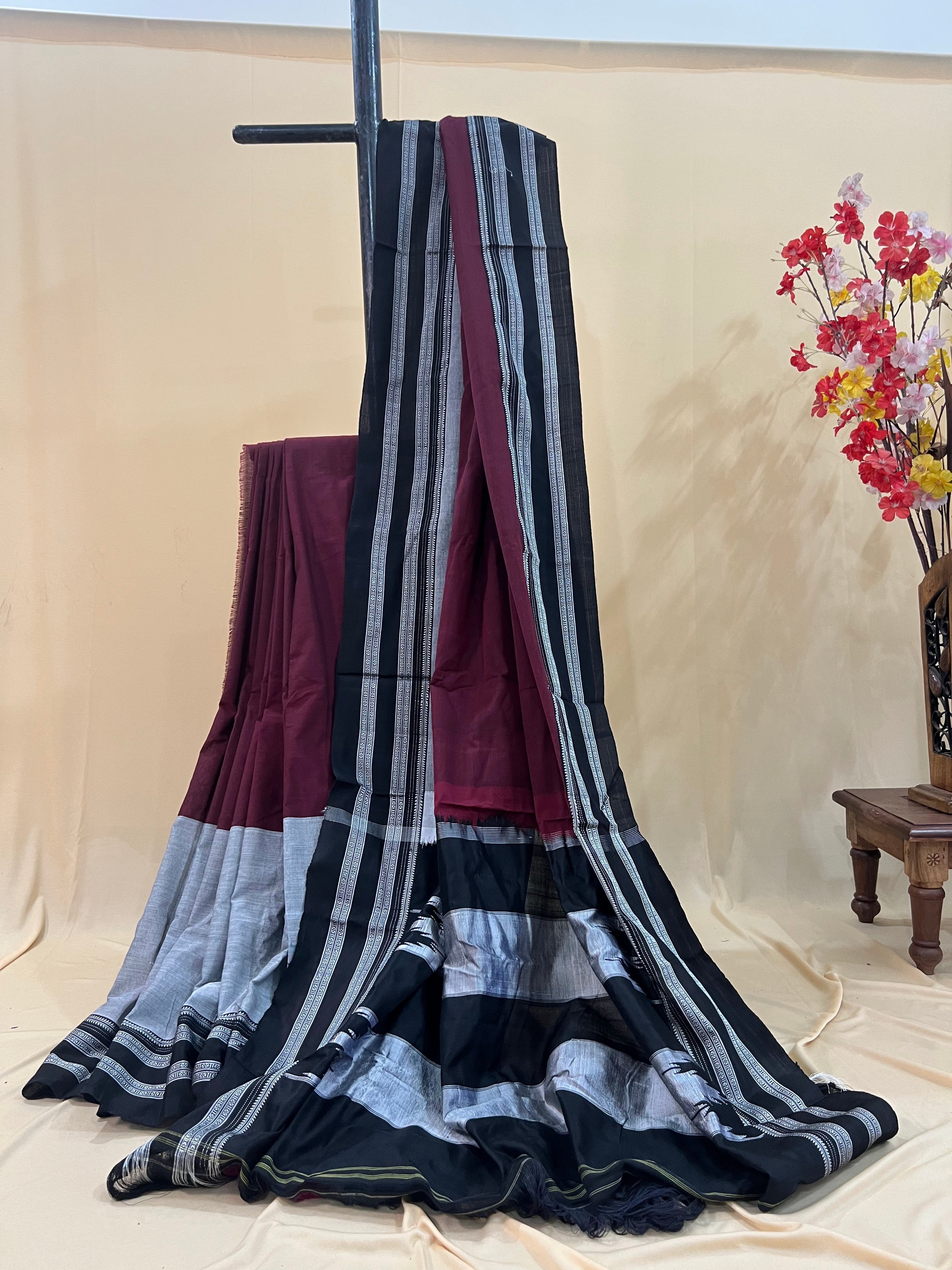 Wine & Black with Silver Border Ilkal Cotton Silk Saree