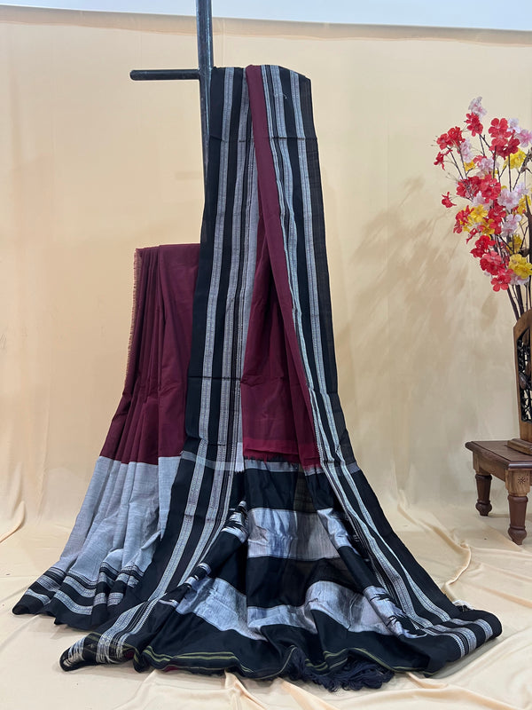 Wine & Black with Silver Border Ilkal Cotton Silk Saree