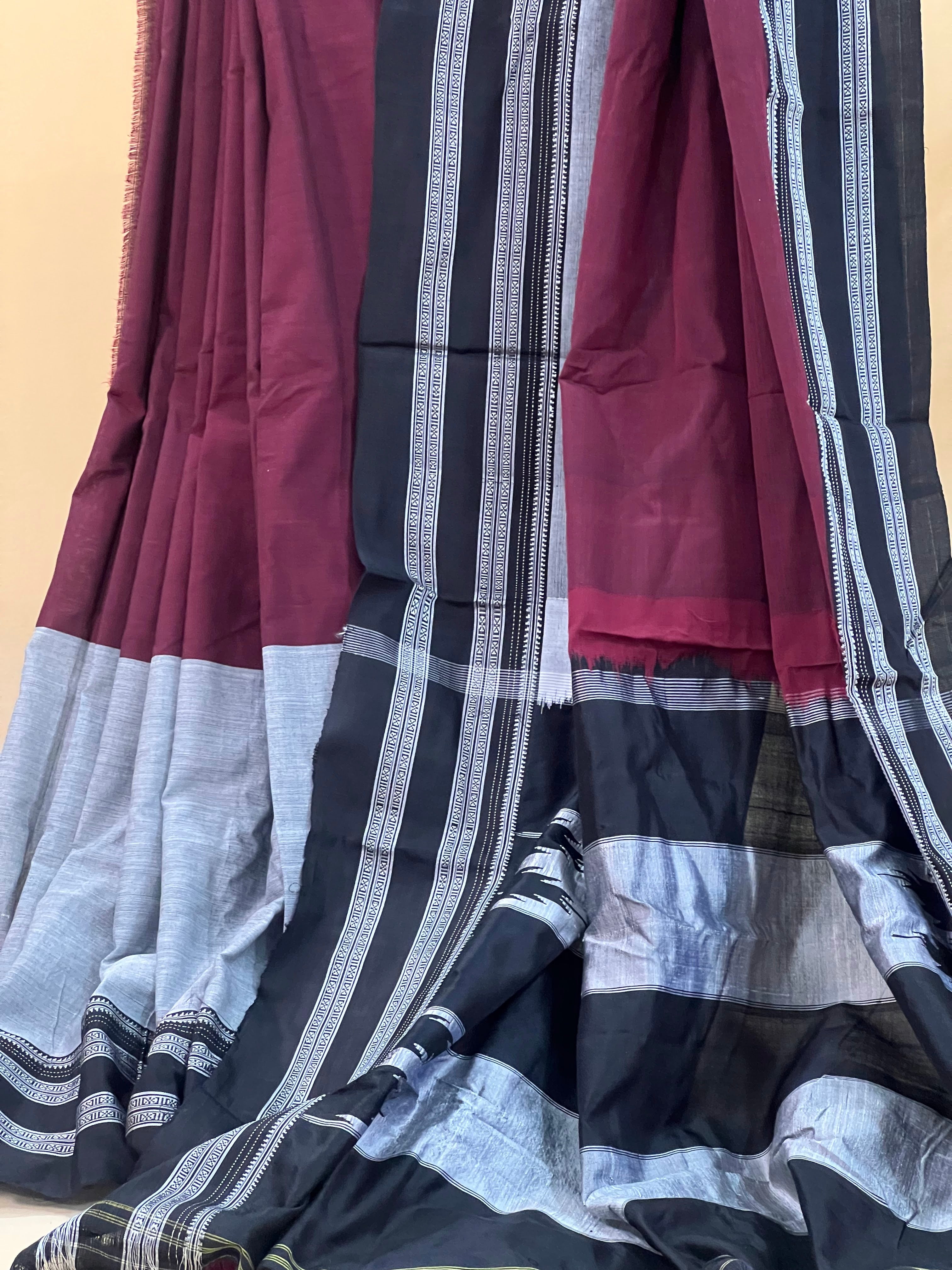 Wine & Black with Silver Border Ilkal Cotton Silk Saree