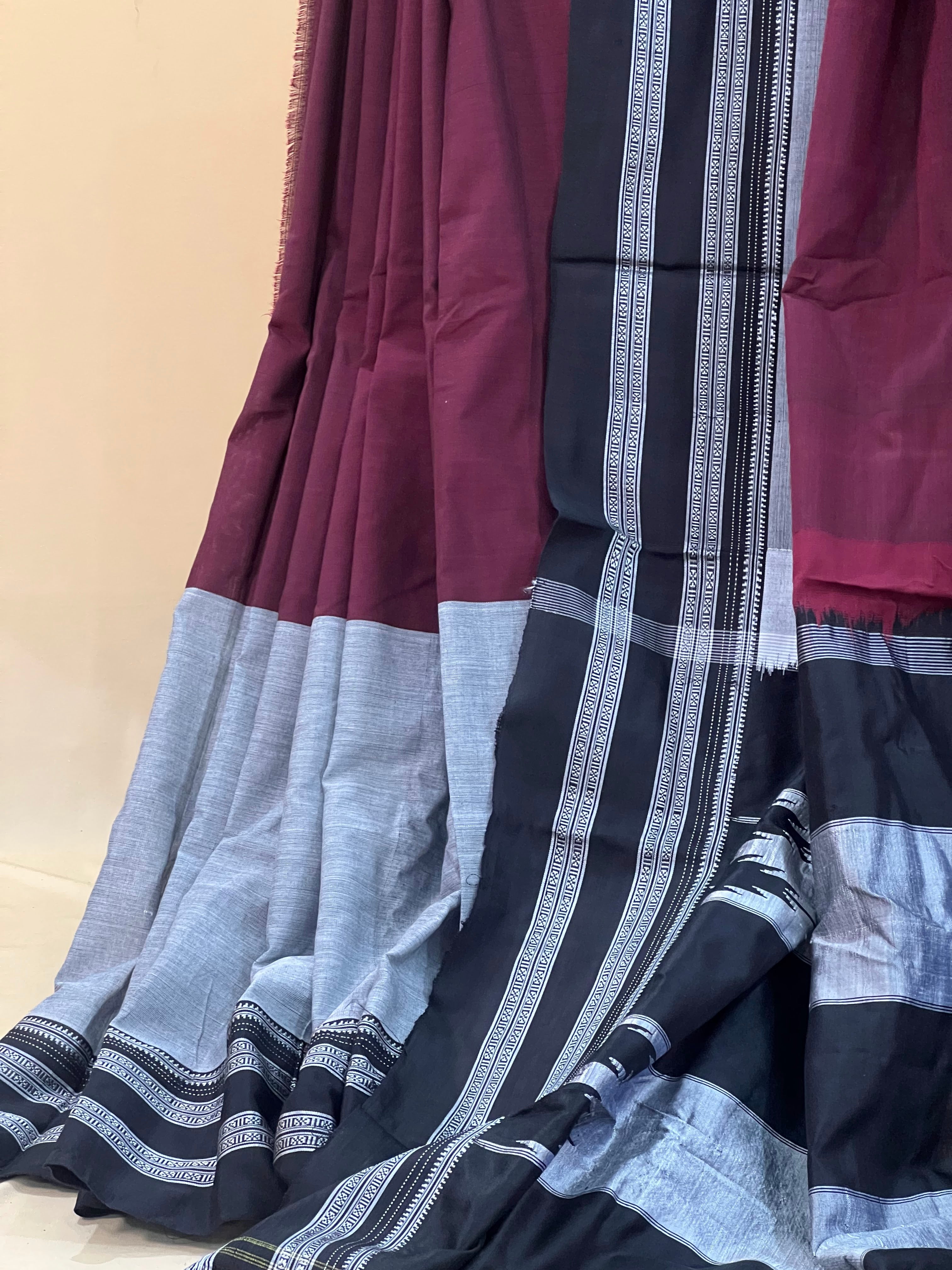 Wine & Black with Silver Border Ilkal Cotton Silk Saree