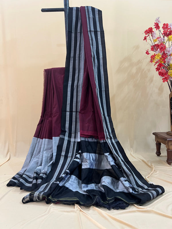 Wine & Black with Silver Border Ilkal Cotton Silk Saree