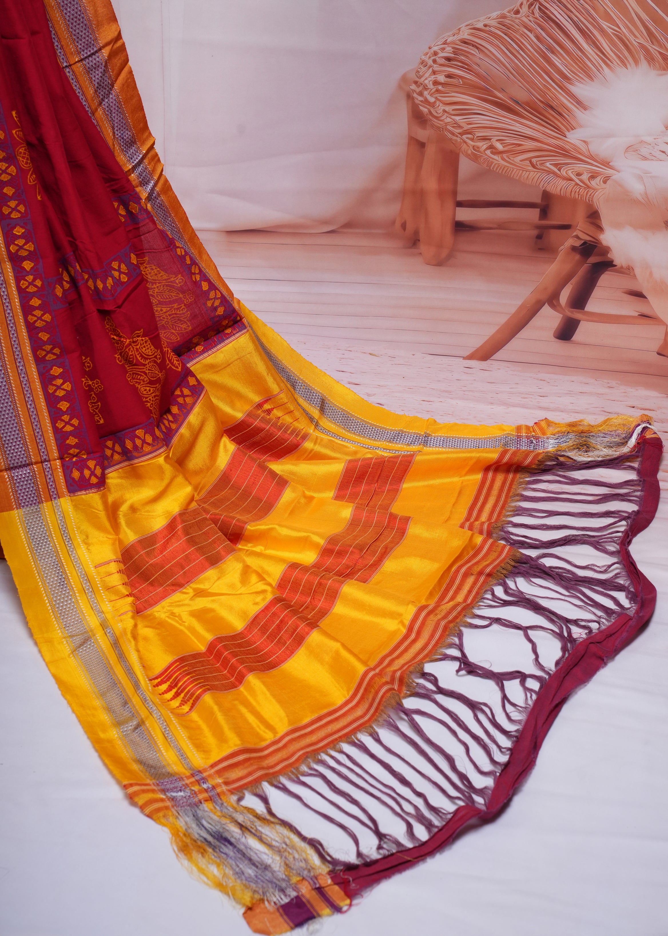 Red & Mustard Traditional Ilkal Handloom Cotton Saree