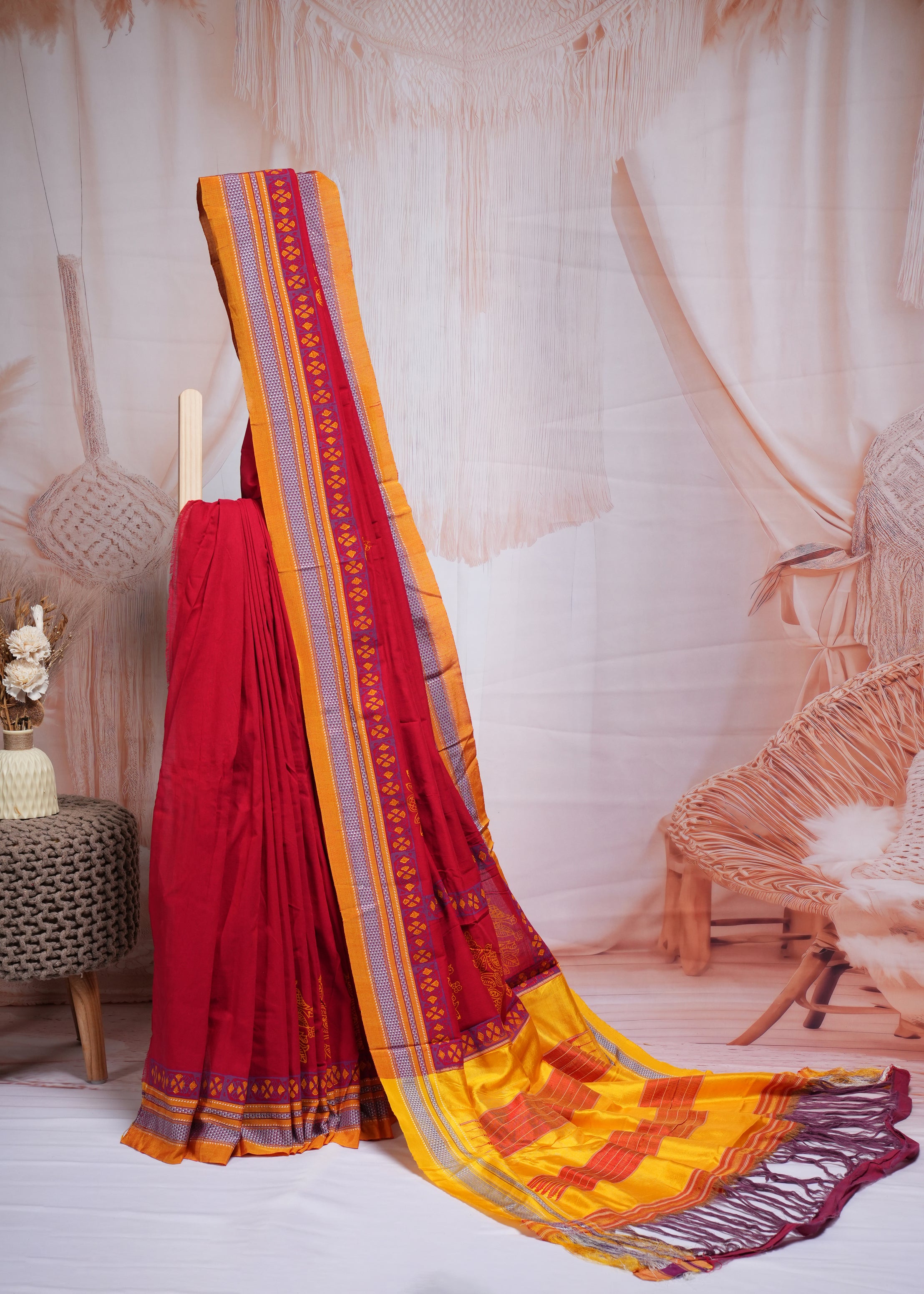 Red & Mustard Traditional Ilkal Handloom Cotton Saree