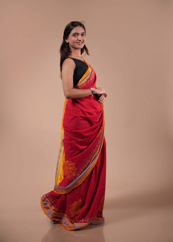 Red & Mustard Traditional Ilkal Handloom Cotton Saree