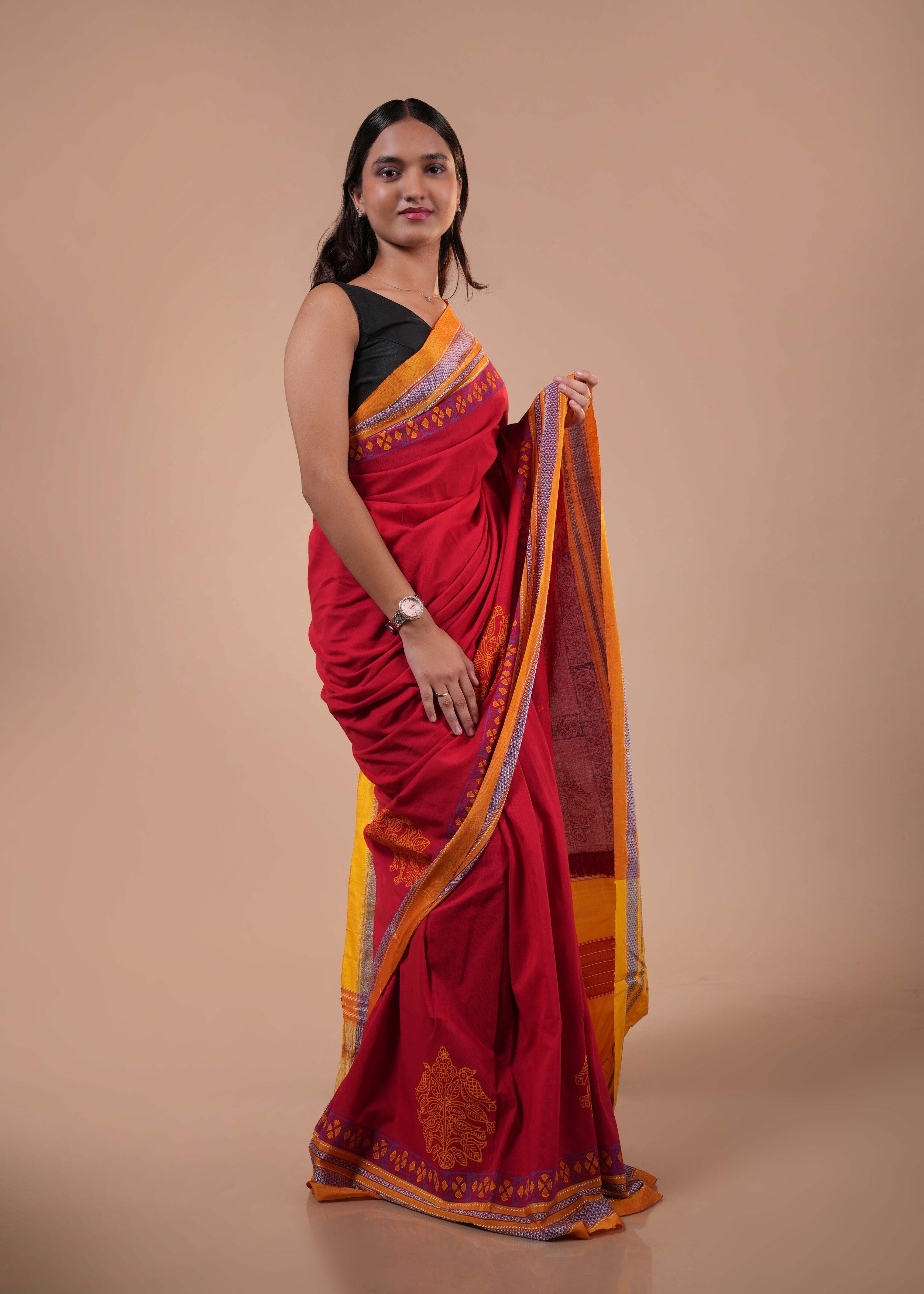 Red & Mustard Traditional Ilkal Handloom Cotton Saree