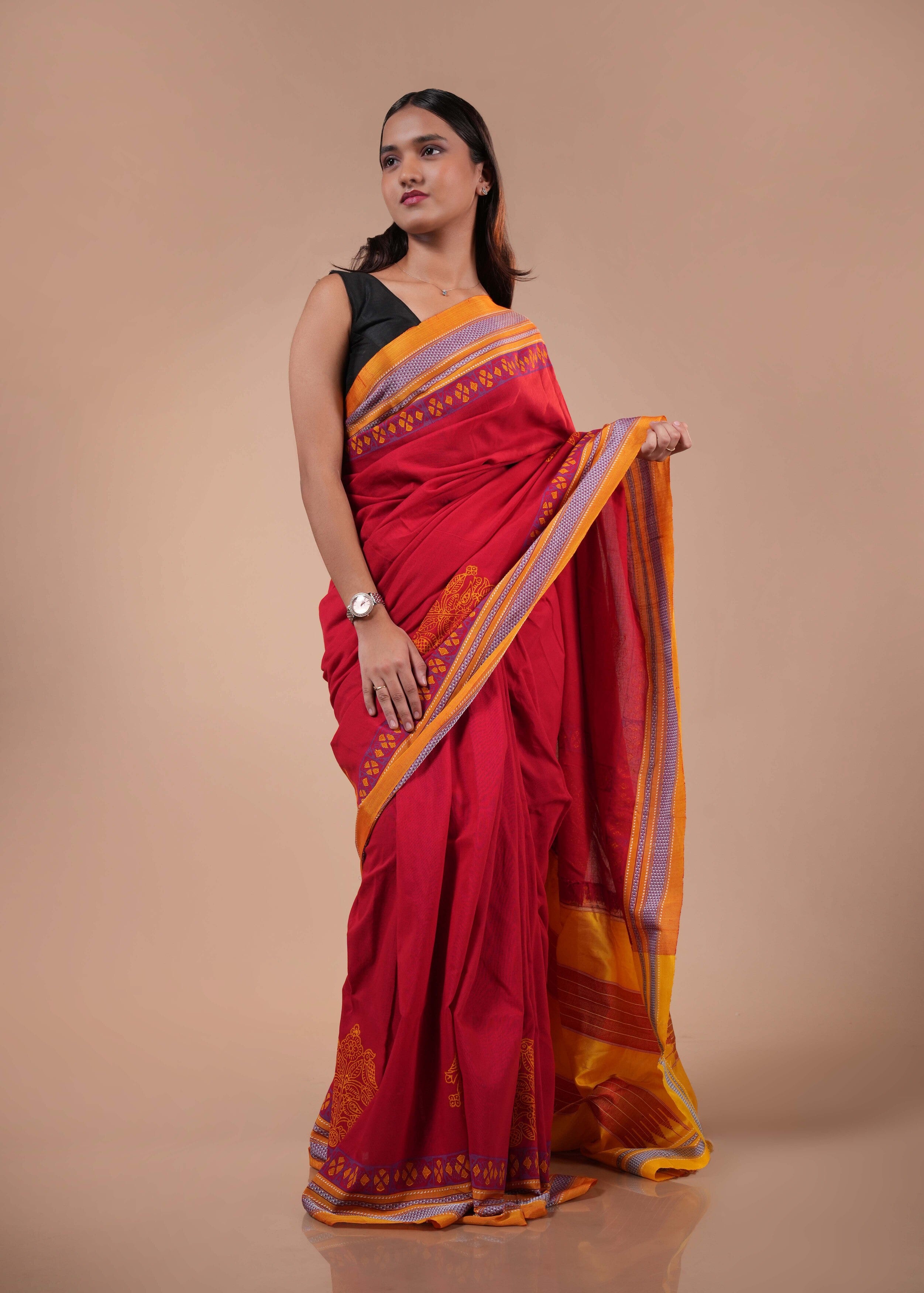 Red & Mustard Traditional Ilkal Handloom Cotton Saree