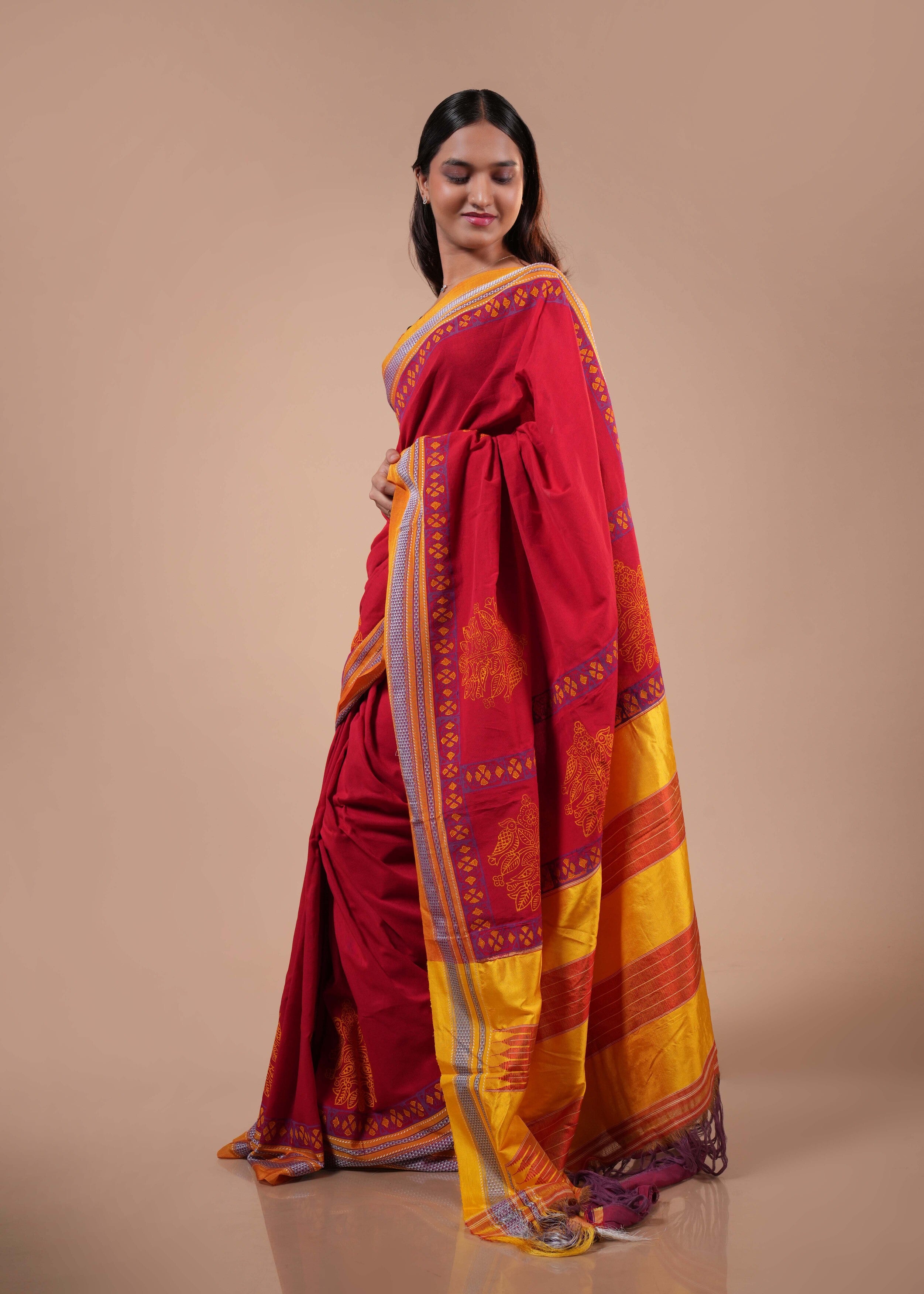 Red & Mustard Traditional Ilkal Handloom Cotton Saree