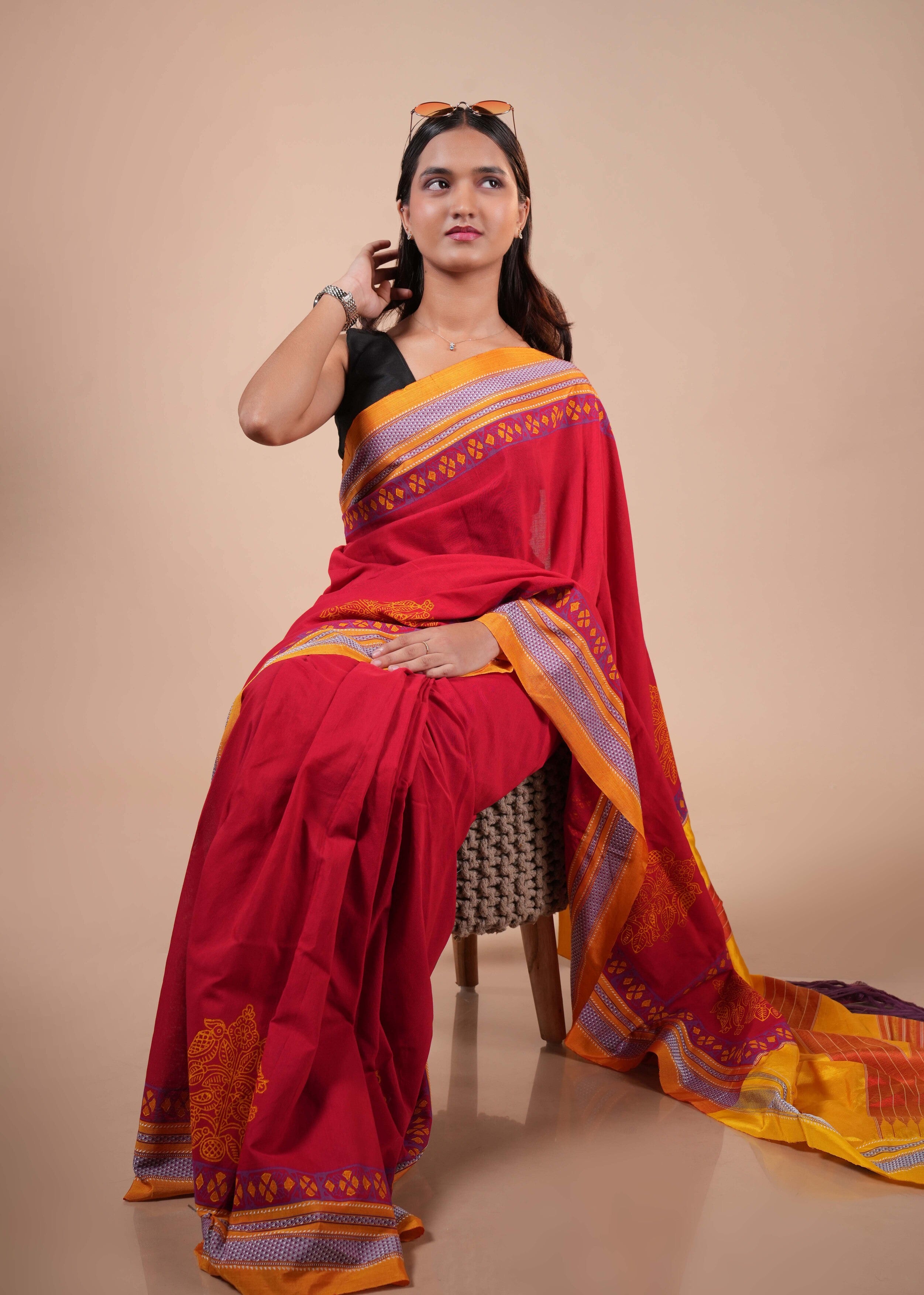 Red & Mustard Traditional Ilkal Handloom Cotton Saree