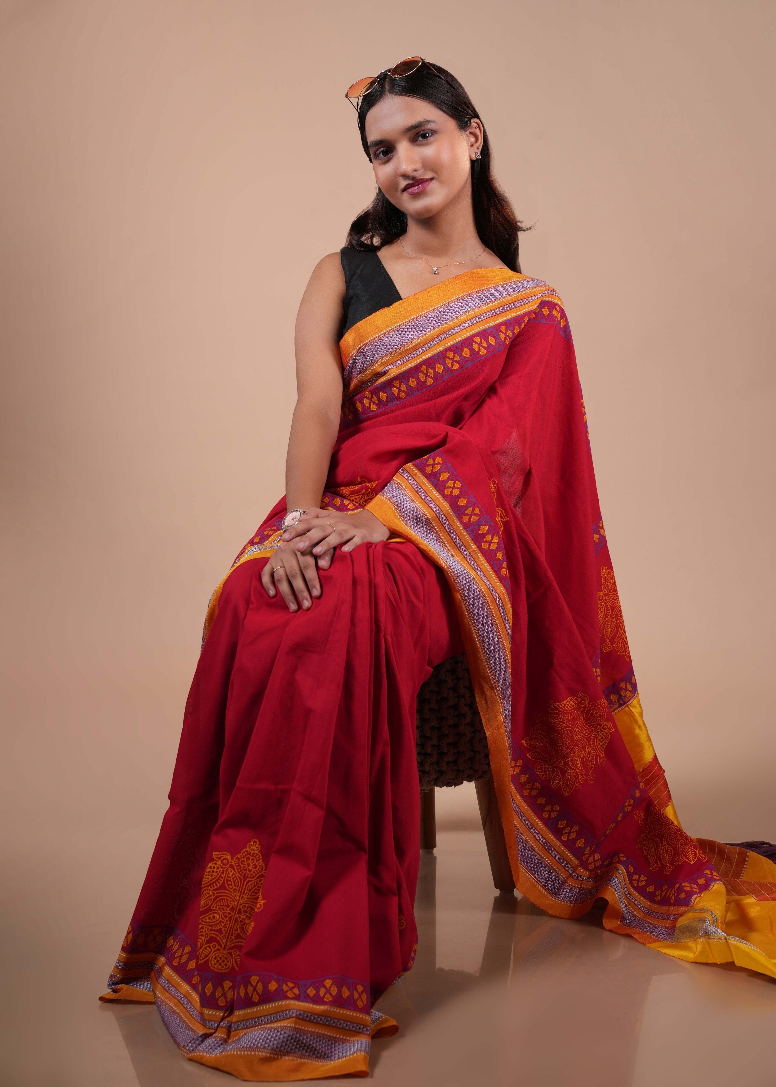Red & Mustard Traditional Ilkal Handloom Cotton Saree