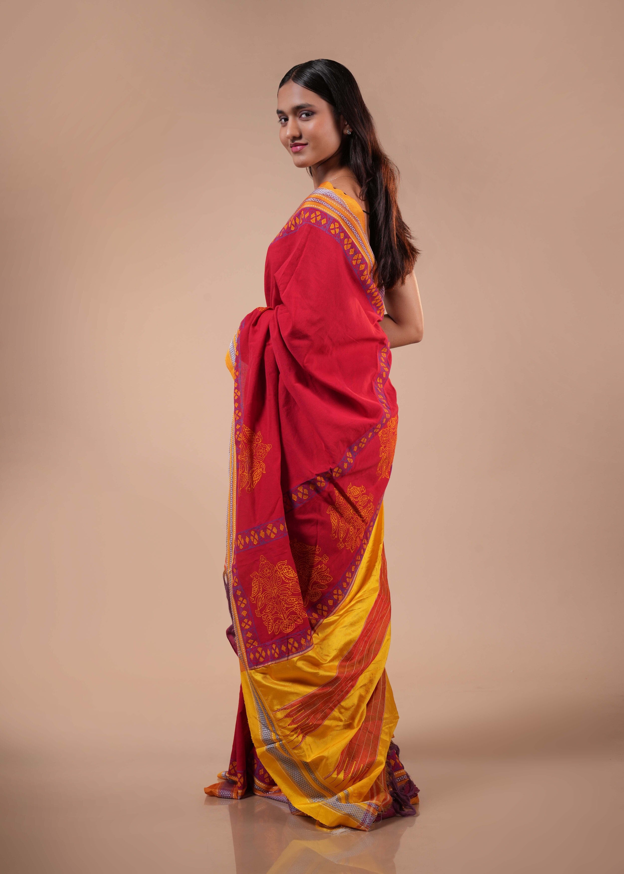 Red & Mustard Traditional Ilkal Handloom Cotton Saree