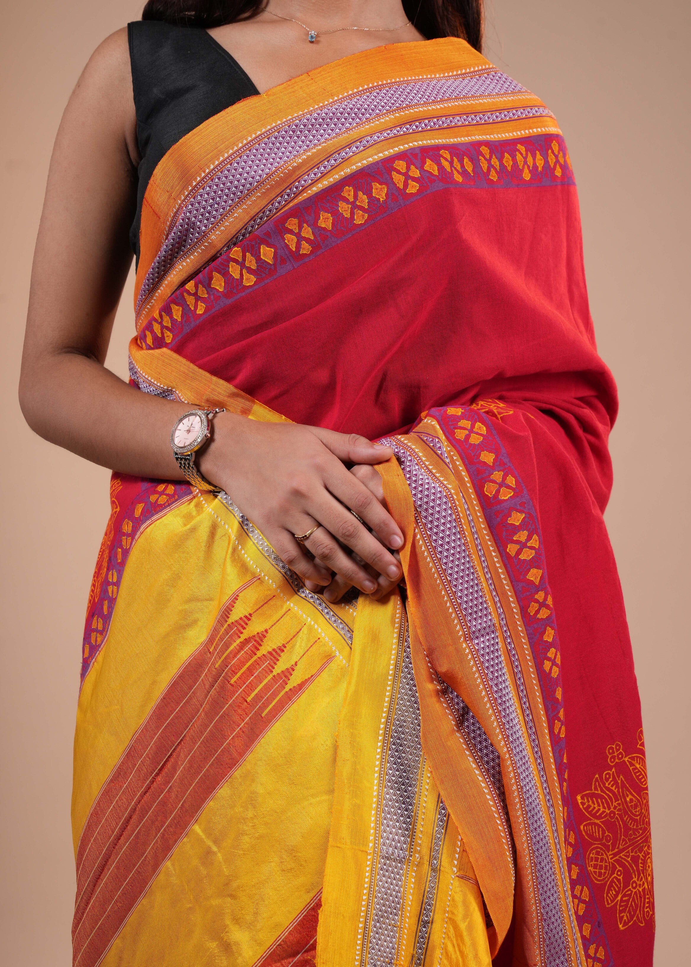 Red & Mustard Traditional Ilkal Handloom Cotton Saree