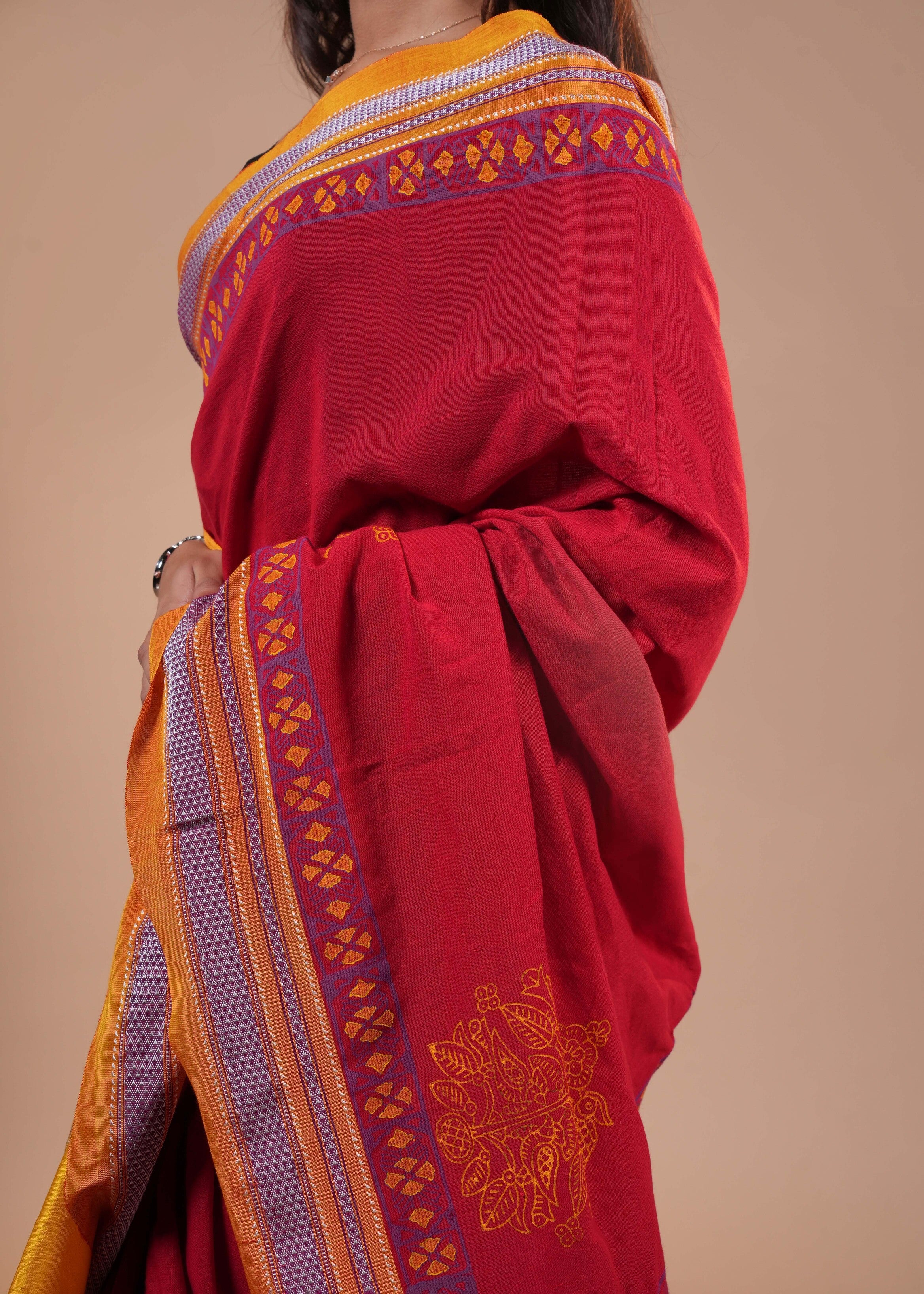 Red & Mustard Traditional Ilkal Handloom Cotton Saree