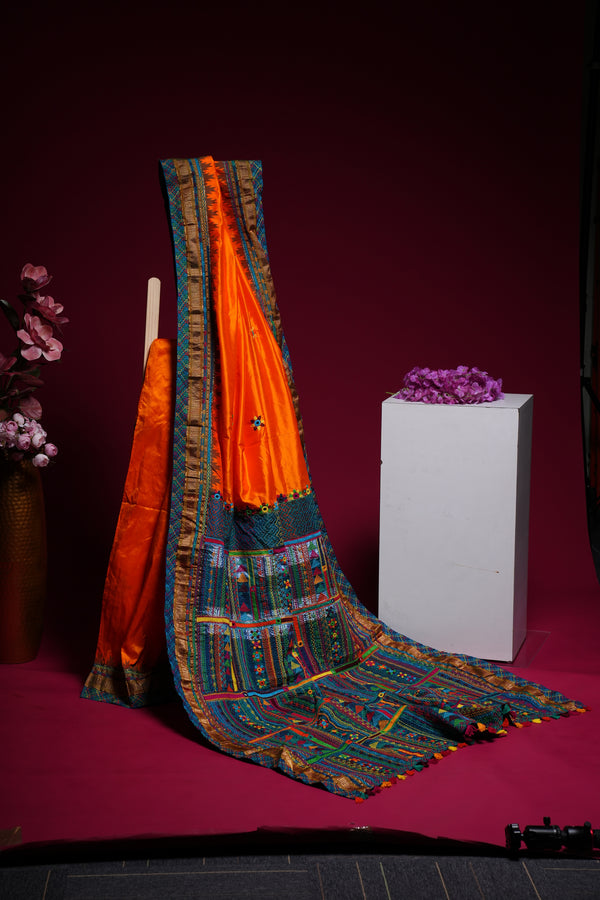 Ilkal Silk Lambani Saree | Bright Orange Hand Embroidered Mirror Work Saree