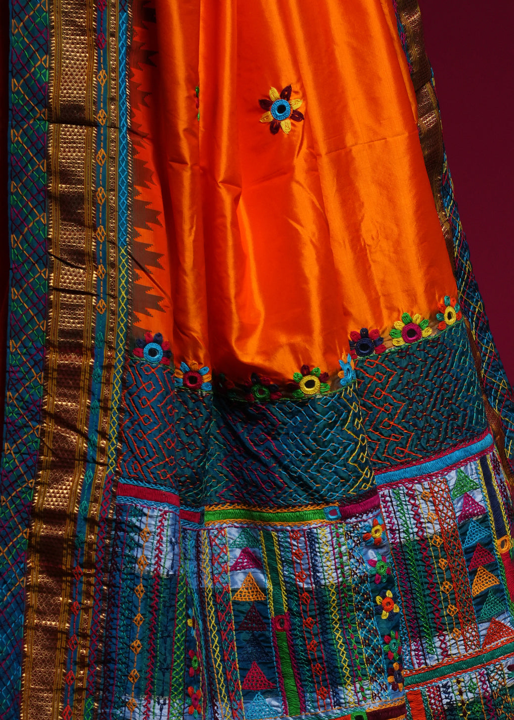 Ilkal Silk Lambani Saree | Bright Orange Hand Embroidered Mirror Work Saree