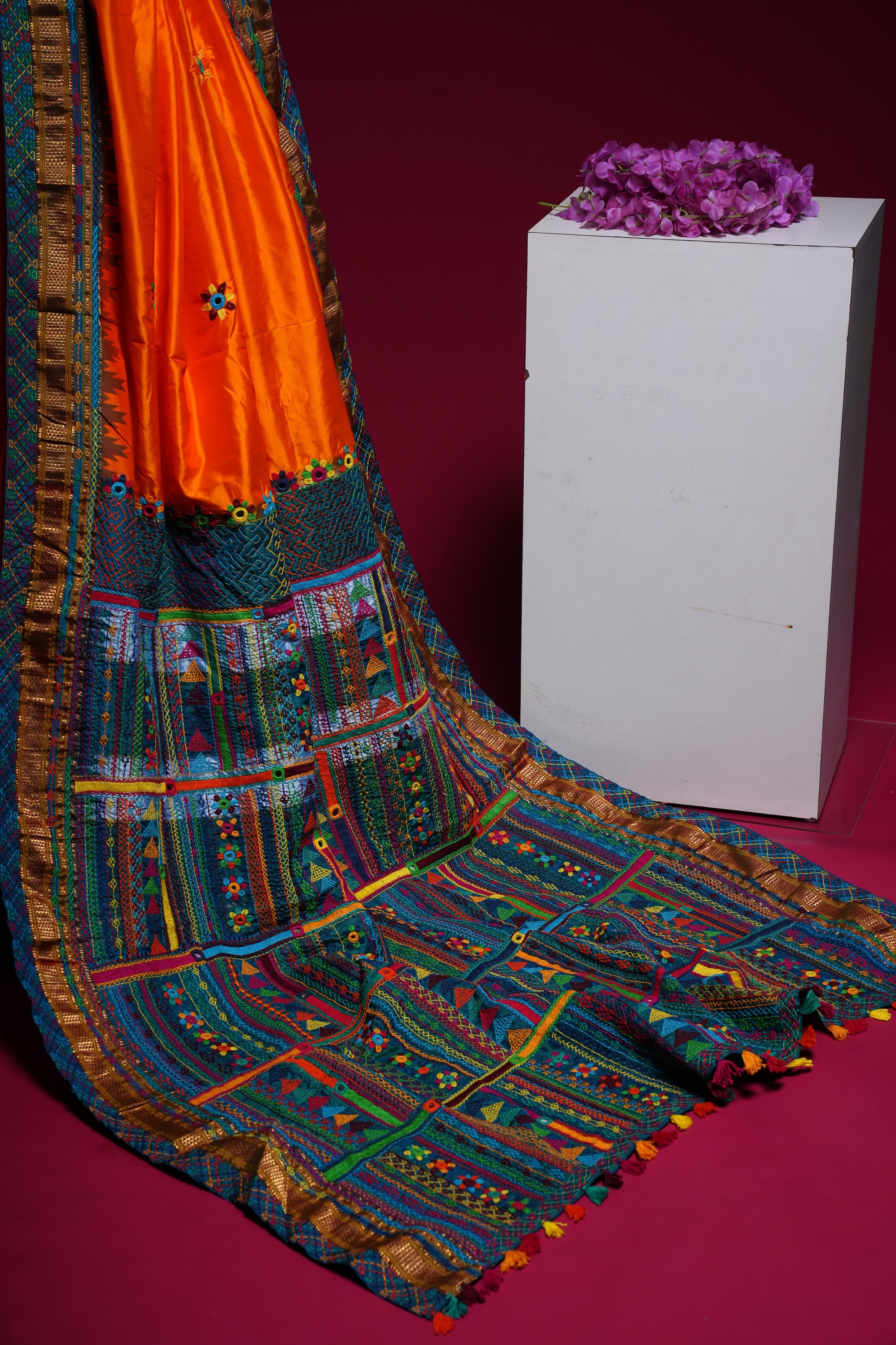 Ilkal Silk Lambani Saree | Bright Orange Hand Embroidered Mirror Work Saree