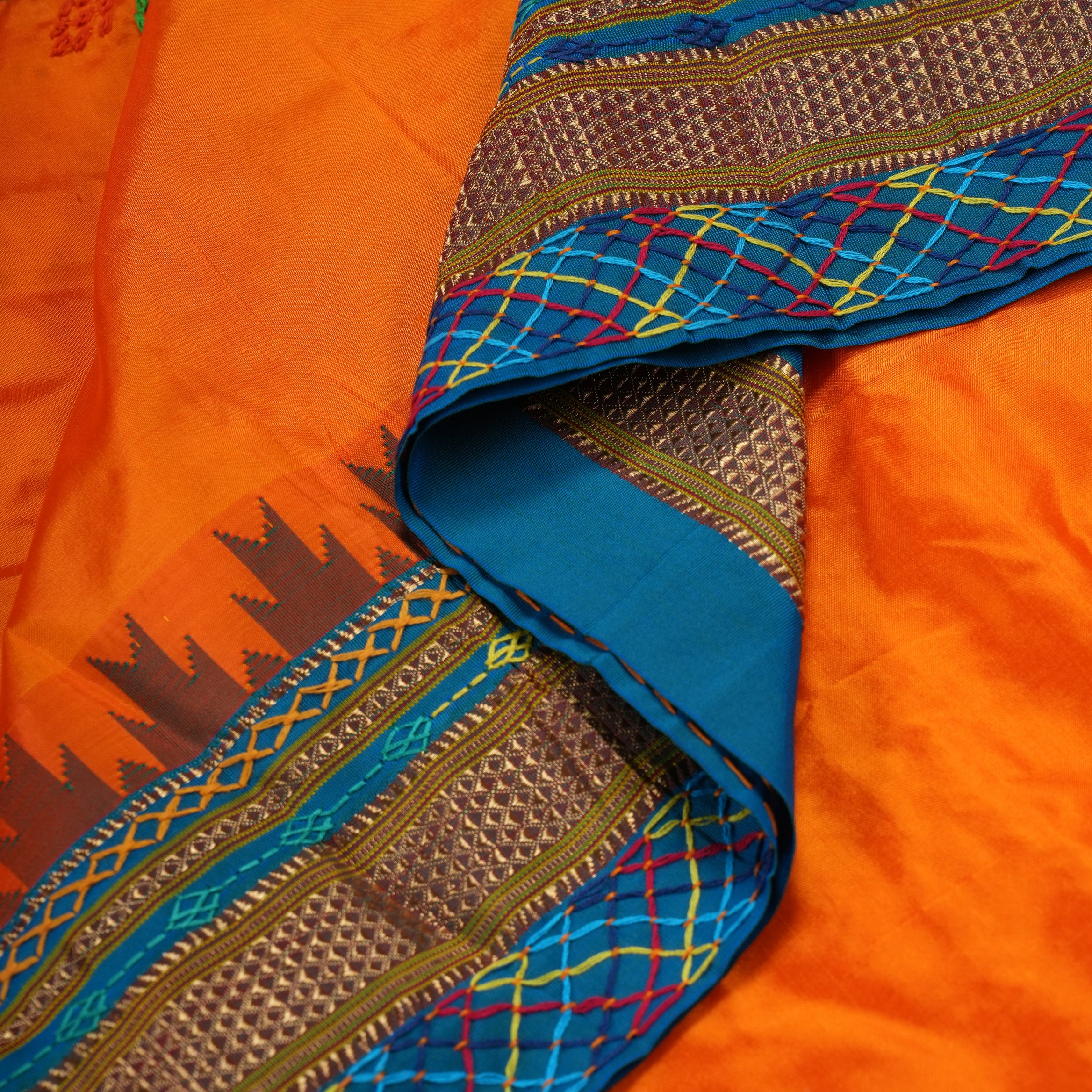 Ilkal Silk Lambani Saree | Bright Orange Hand Embroidered Mirror Work Saree