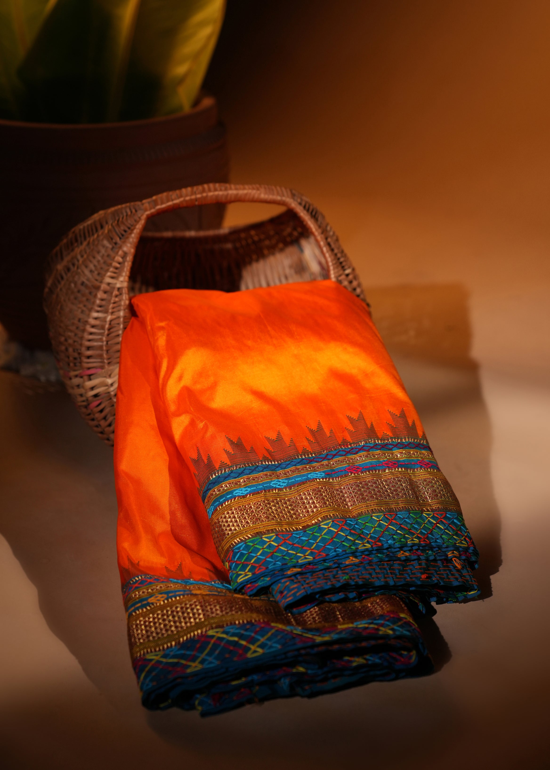 Ilkal Silk Lambani Saree | Bright Orange Hand Embroidered Mirror Work Saree