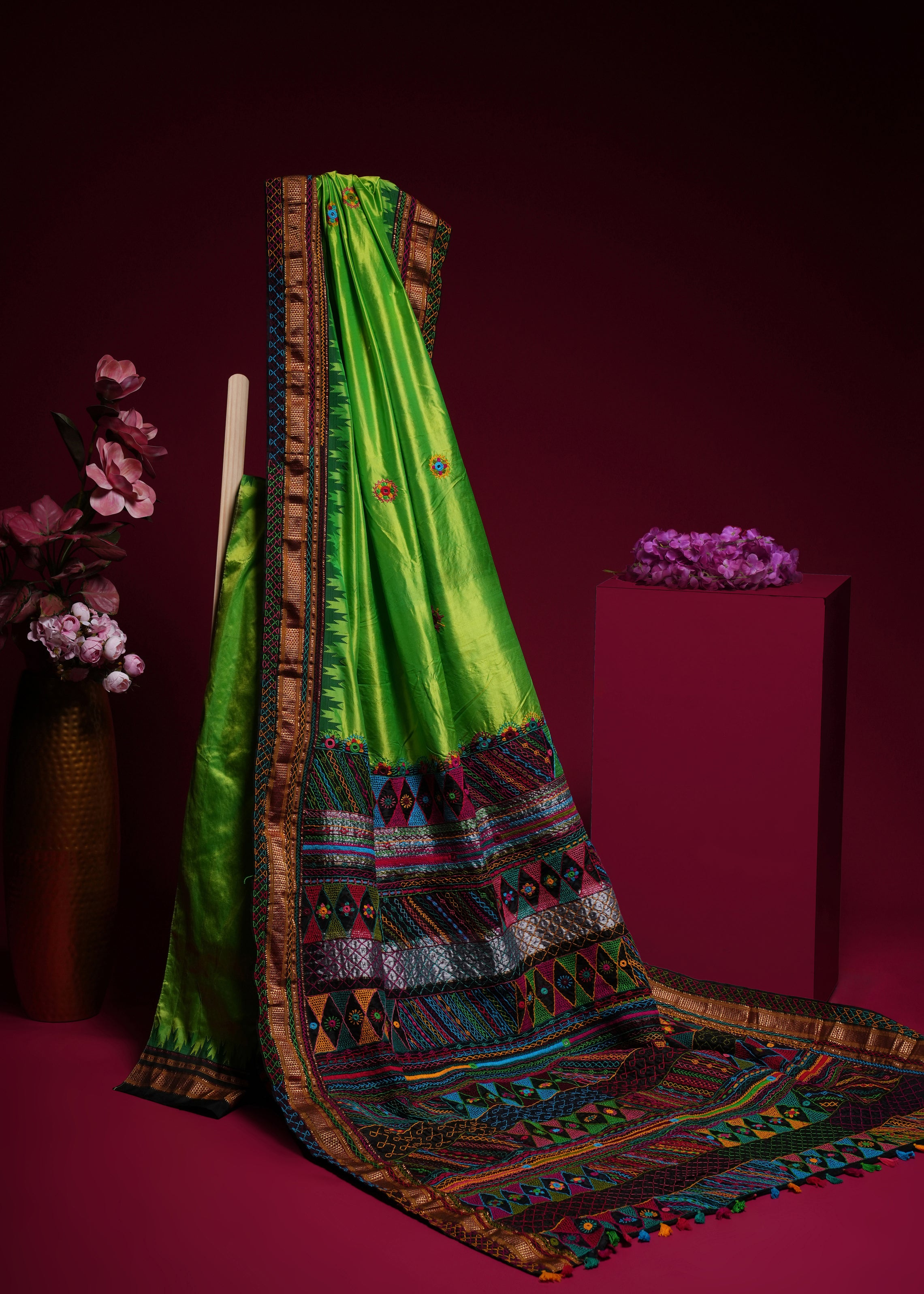 Ilkal Silk Lambani Saree | Parrot Green Hand Embroidered Banjara Mirror Work Saree