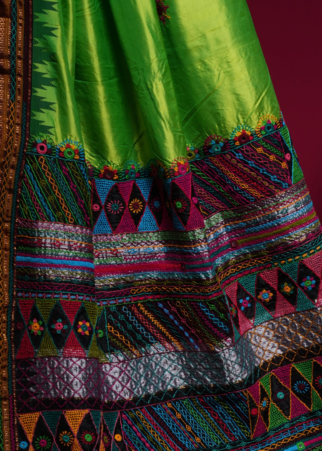 Ilkal Silk Lambani Saree | Parrot Green Hand Embroidered Banjara Mirror Work Saree