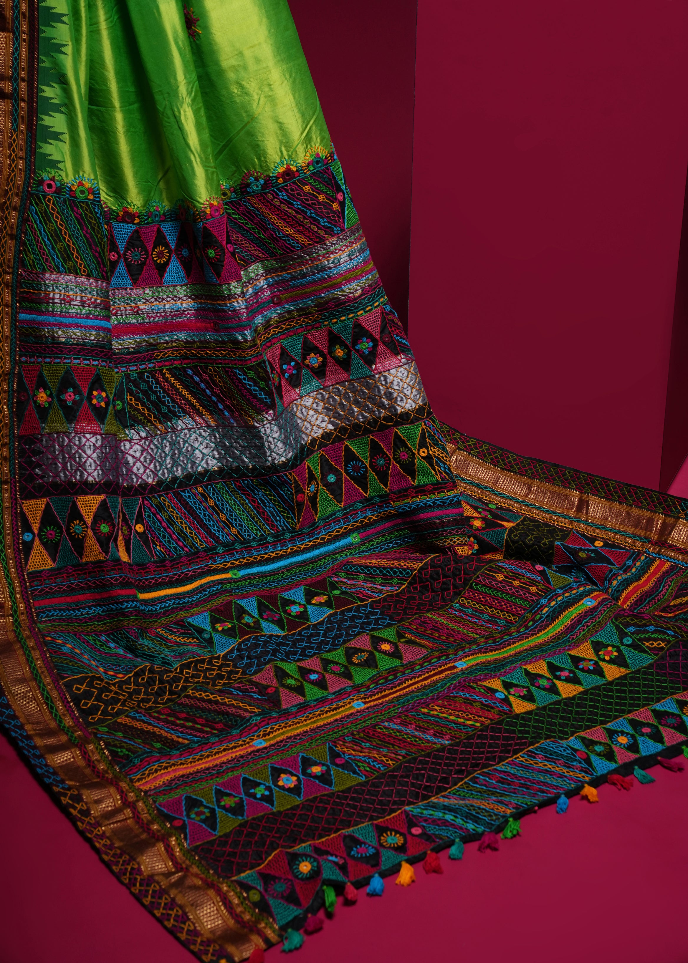 Ilkal Silk Lambani Saree | Parrot Green Hand Embroidered Banjara Mirror Work Saree