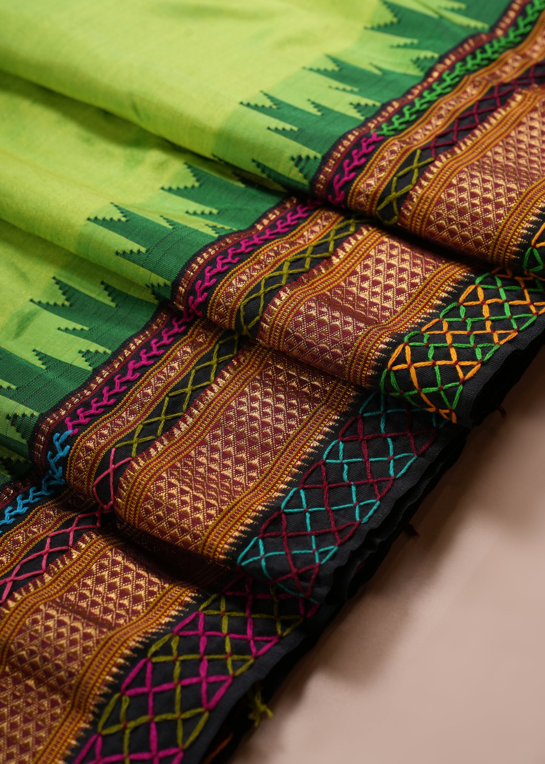 Ilkal Silk Lambani Saree | Parrot Green Hand Embroidered Banjara Mirror Work Saree