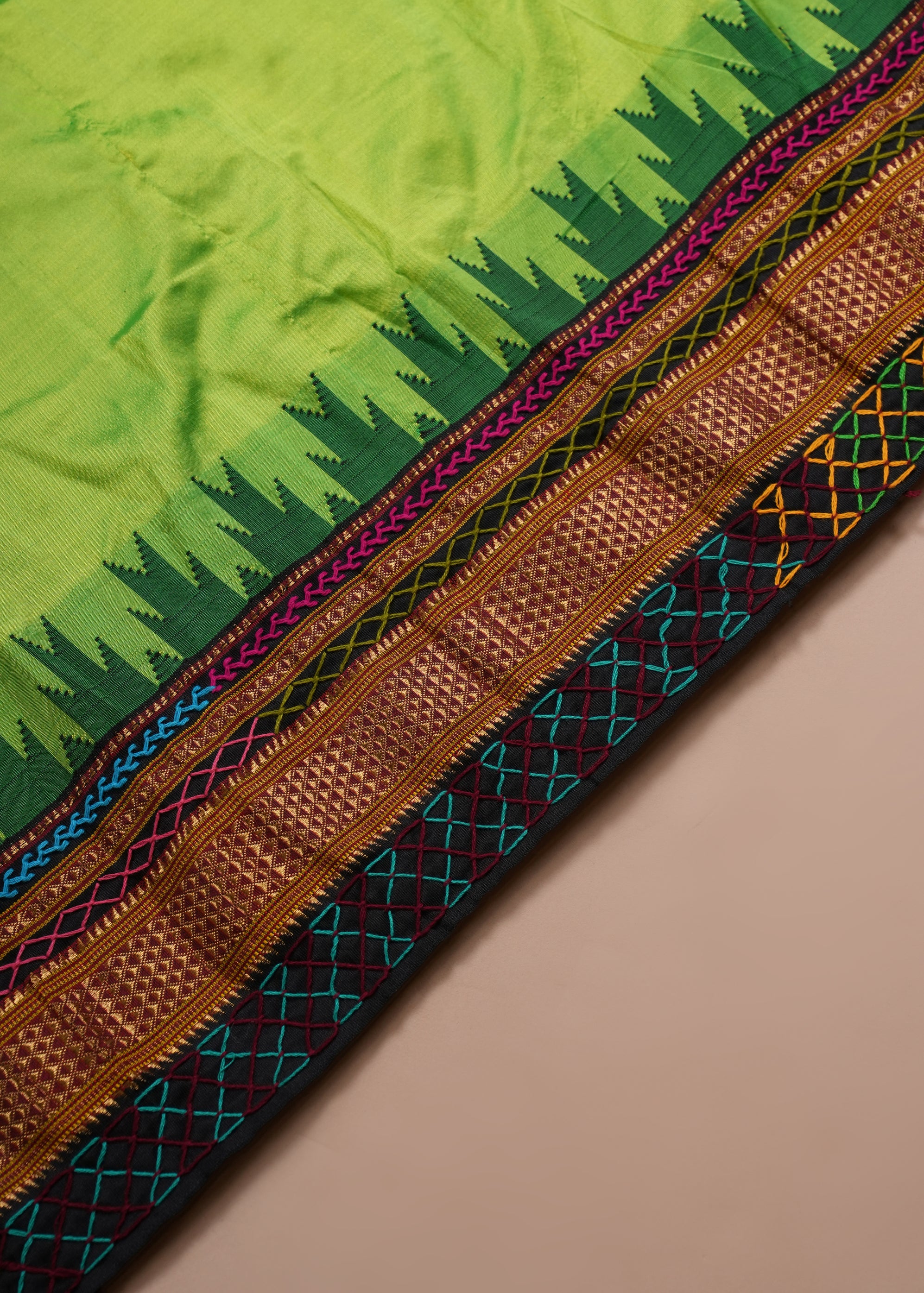 Ilkal Silk Lambani Saree | Parrot Green Hand Embroidered Banjara Mirror Work Saree