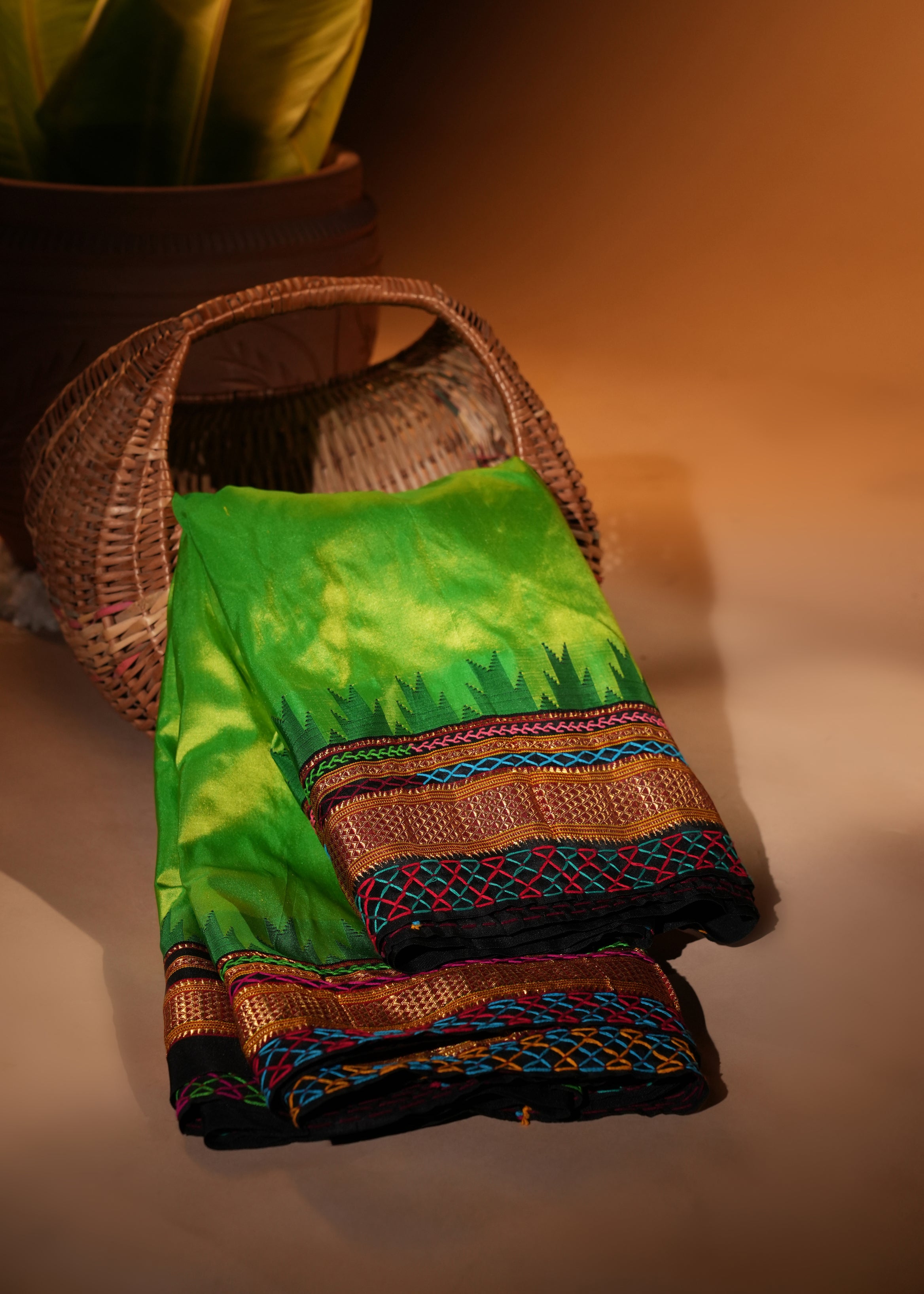 Ilkal Silk Lambani Saree | Parrot Green Hand Embroidered Banjara Mirror Work Saree